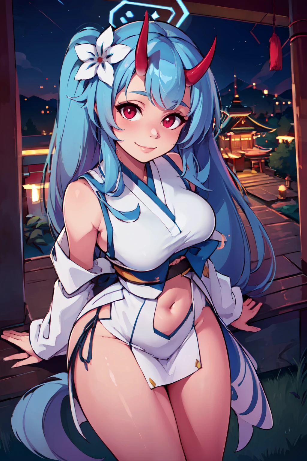 ((masterpiece,best quality)), absurdres,  BREAK, , <lora:Chise_BlueArchive_Citron:0.8>, zzChise, red eyes, blue hair, long hair, side ponytail, horns, halo, hair flower,  , BREAK,  china dress, pelvic curtain, side slit, sleeveless, print dress, covered navel, no panties, outdoors, night, torii, shrine, east asian architecture, leaning forward, hand on own thigh, from above,, BREAK, solo, smile, looking at viewer, cowboy shot,