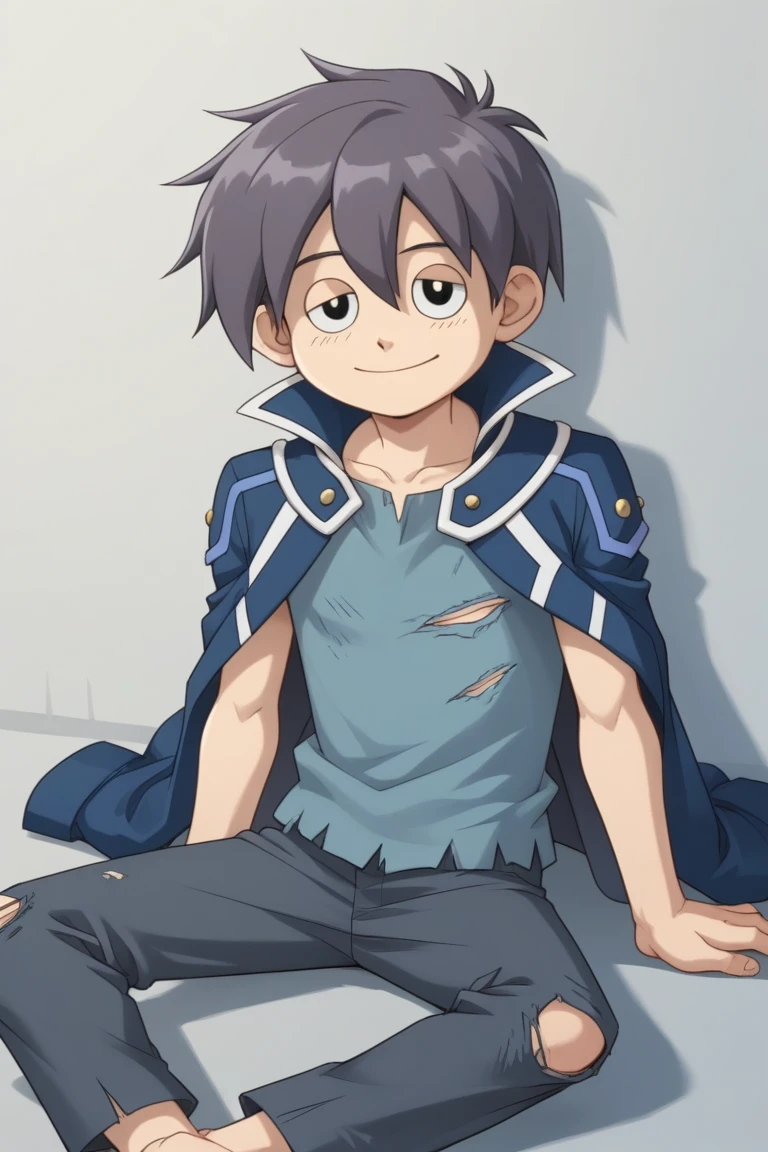 score_9, score_8_up, score_7_up, source_anime, highly detailed, belowski, grey hair, black eyes, blue sleeveles shirt, grey pants, torn clothes, jacket on shoulders, 1boy, male focus, solo, parody, sitting, pants, smile