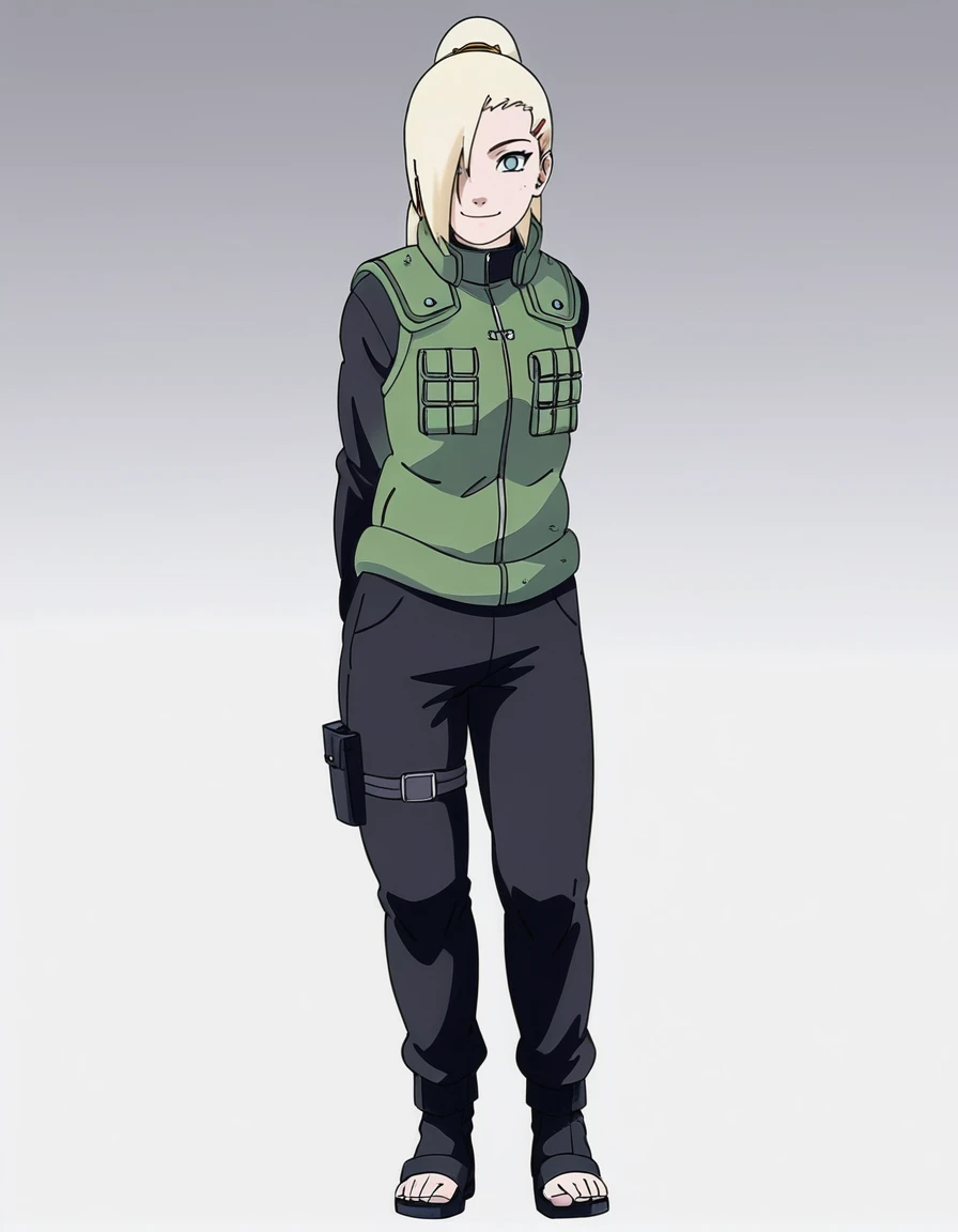 <lora:Ino_Yamanaka:1>, 1girl, solo, ino_yamanaka, uniform, green vest, black pants, black sleeves, toeless footwear, standing straight, facing viewer, hands behind back, looking at the viewer, smile, (simple white background)