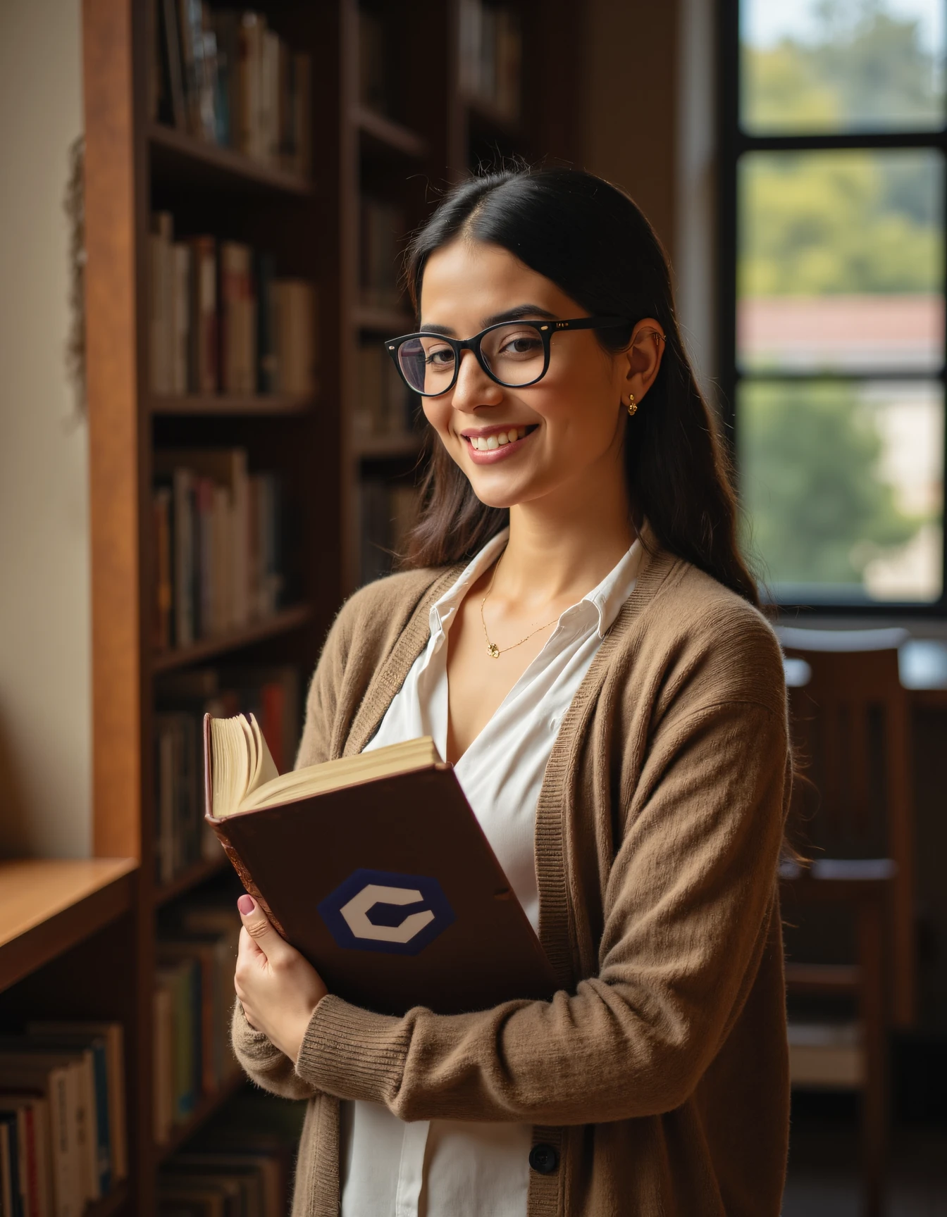 a serene and elegant librarian standing in a cozy, sunlit library. Sheâs holding an old, leather-bound book with civitaiLogo on the cover close to her chest, her warm smile reflecting a love for literature. Her classic, sophisticated outfit includes a fitted cardigan over a blouse, with a pair of reading glasses perched on her nose. Soft light filters through the libraryâs tall windows, casting a gentle glow on the rows of books and highlighting her graceful presence
<lora:civitaiLogoFlux:1>