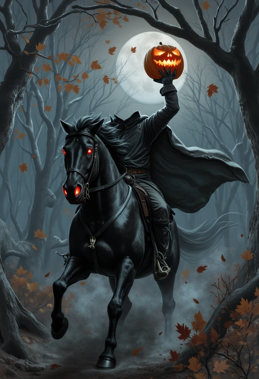 A dark horse with fiery, glowing red eyes charges through a foggy, moonlit forest. The rider raises a flaming pumpkin high in one hand, while autumn leaves swirl around in the wind. The background shows a full moon shining through the twisted branches of bare trees. The art style is a modern digital illustration, using a cool color palette with realistic textures and dynamic lighting effects.  <lora:headless_horseman_v10_rank32_bf16-step03000:1.4>, headless_horseman