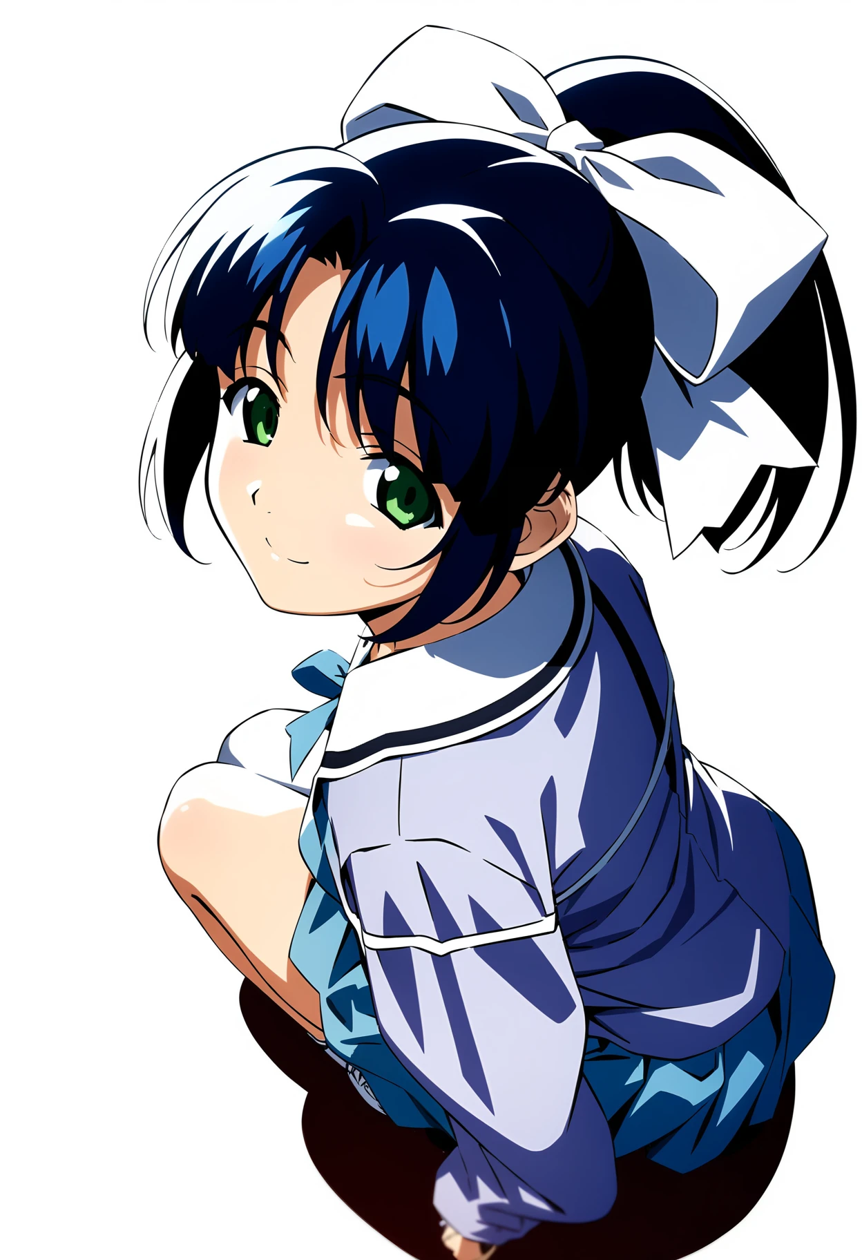 (masterpiece:1.2),best quality,very aesthetic,absurdres,rim light,1girl,<lora:h_ayano_v1:0.9>,ayano,blue hair,ribbon,ponytail,green eyes,white sara clothes,skirt,sleeves past wrists,long sleeves,white_thighhighs,sneakers,<lora:Fixhands_anime_bdsqlsz_V1:1>,
smile,white background,simple background,looking at viewer,bow,from above,squatting,hair bow,, masterpiece,best quality, very aesthetic, absurdres, ultra detailed, high resolution, 4k, extremely detailed CG,