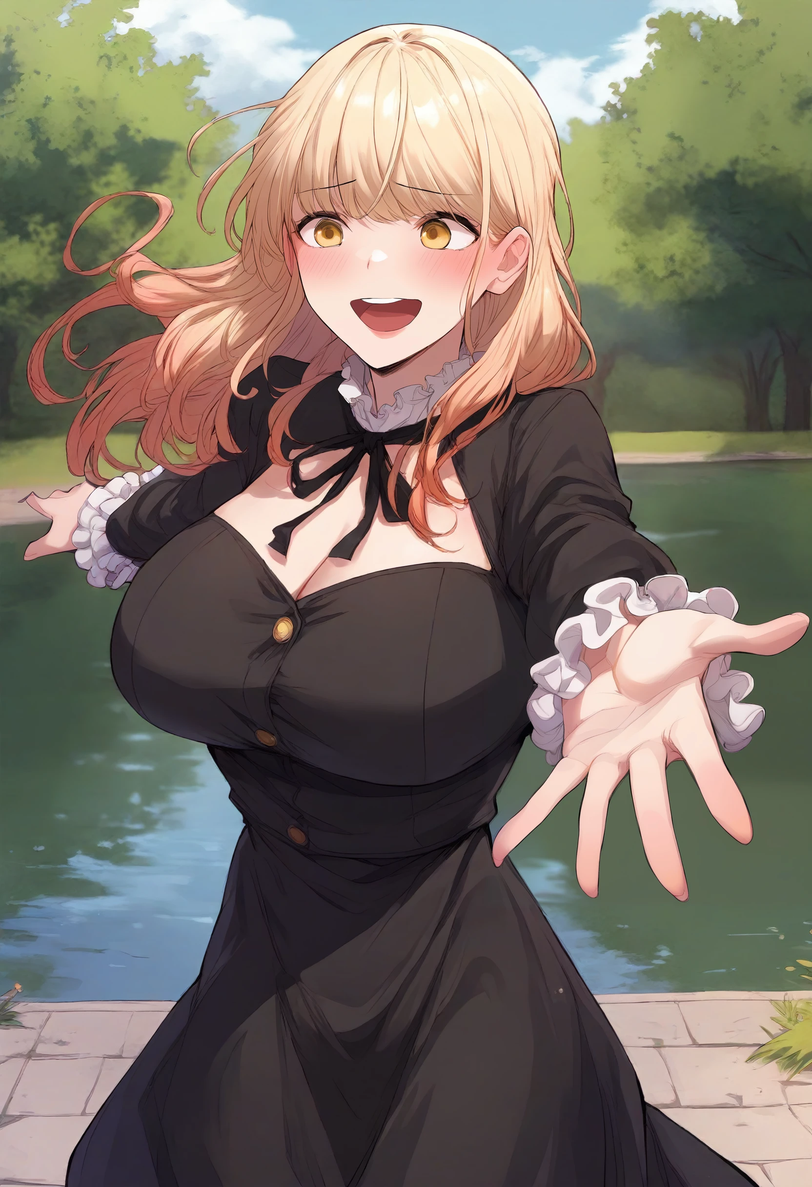 score_9, score_8_up, score_7_up, score_6_up, source_anime, rating_explicit, 1girl, solo, huge breasts,<lora:Seo Eun-young prefectPonyxl:0.85> blonde hair, long hair, yellow eyes, gradient hair, black dress, shrug \(clothing\), frilled neck, neck ribbon, black ribbon, cleavage, buttons, frilled sleeves, long sleeves, smile, embarrassed, open mouth, park, lake, outdoors, outstretched arms, spread arms