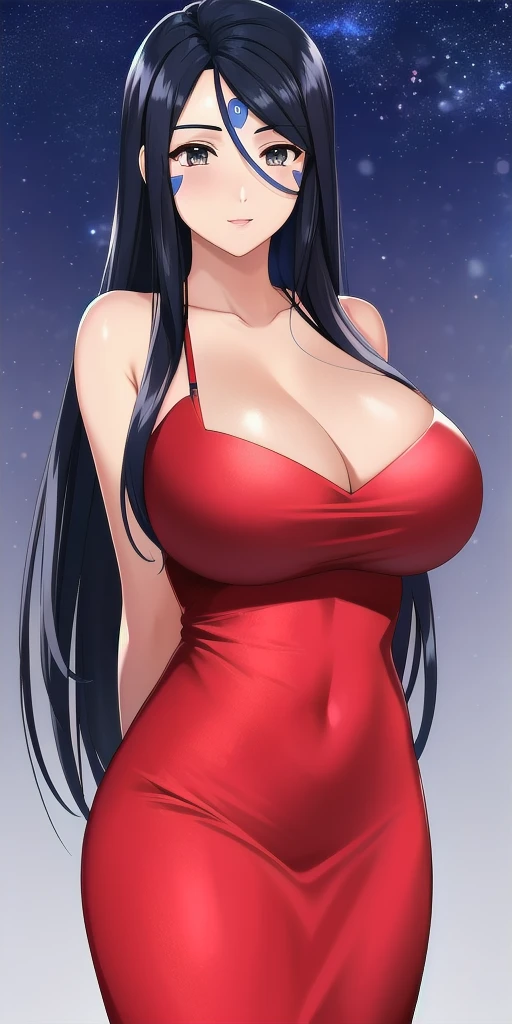 <lora:SkuldV3:0.7> skuld_(aa_megami-sama), huge_breasts, standing, solo, arms_behind_back, starry_sky, blue_facial_mark_forehead_mark, pencil_dress,, masterpiece, best_quality, detailed_face, detailed_eyes, highres, beautiful, detailed, absurdres,