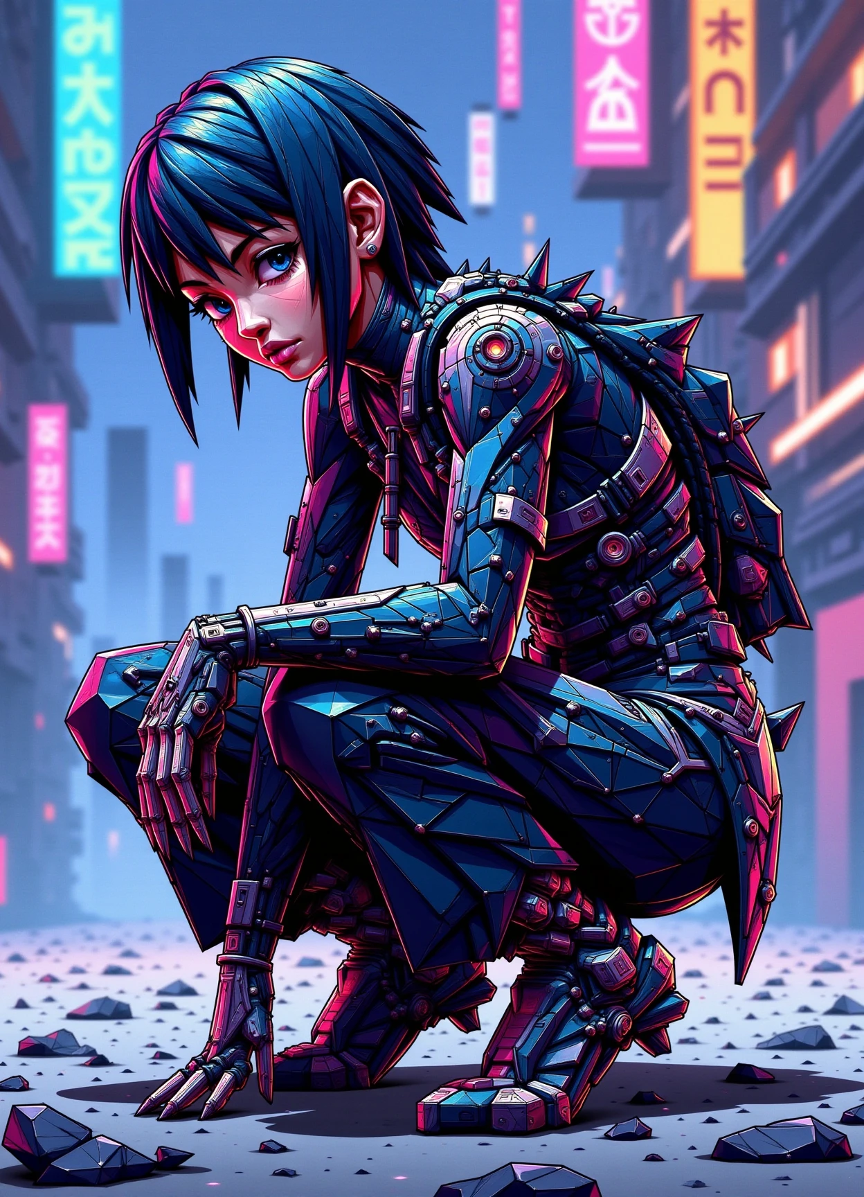 sfw,digital illustration, geometric, polygons ,  female holographic fashion stylist,  young adult, builky, pacific islander, black eyes,    soft jaw, asymmetrical cheeks, flat forehead, unique face shape,     , copper fringe haircut hair, astonishment, carbon-fiber stealth, character crouches low, arms close to their body, and eyes darting around, mimicking a stealthy, agile stance,  wearing  augmented leather harem pants,  techno-lace wide-leg trousers,  plasma knit headscarf,    bioluminescent veil   carbon-fiber modular pack  , elegant turn, character turns with a graceful spin, showcasing fluid body movement, urban neon signs, cybernetic mutants and cyborg outlaws roaming the desolate landscape, post-cyberpunk