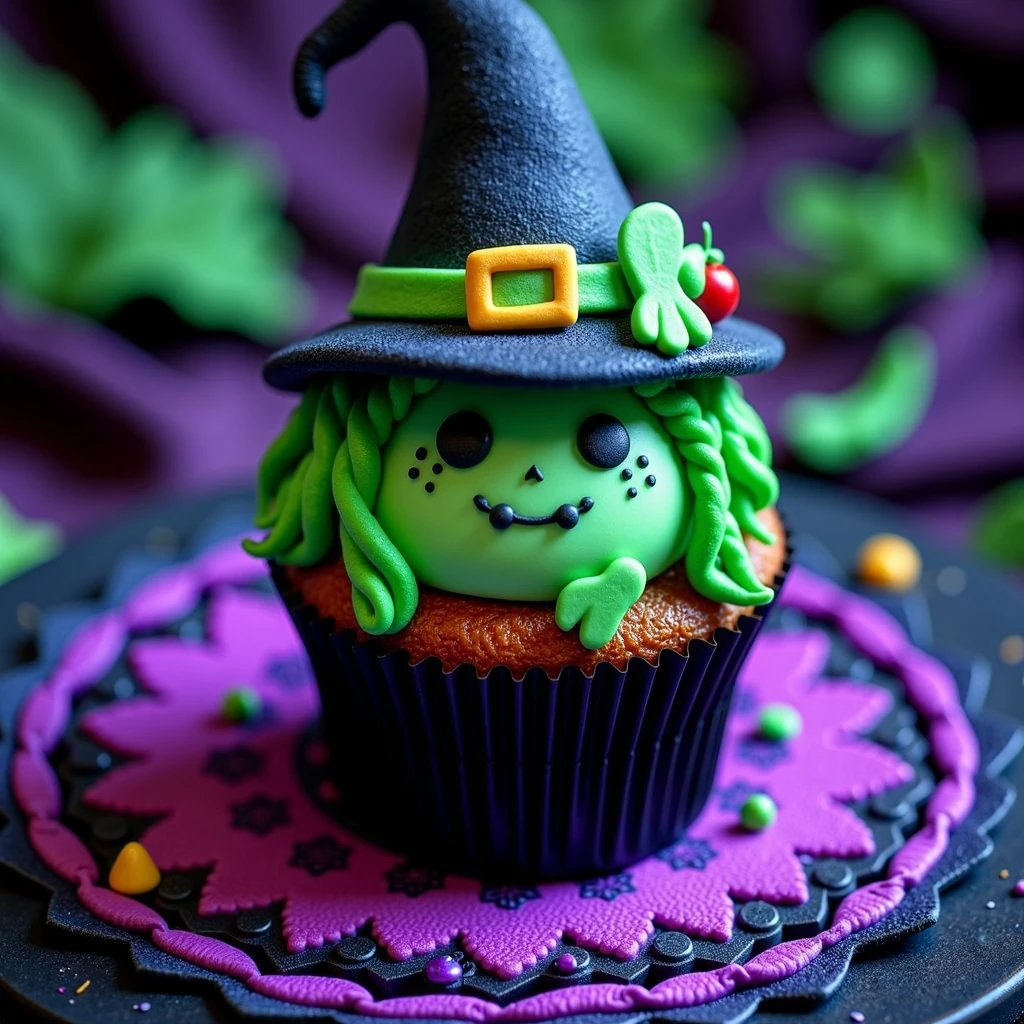 long shot scenic professional photograph of witch cute cupcake resting on a black altar , conjuring circle, colors : green, bright purple and fluorescent green <lora:hallowen-spooky-cupcakes:1>, Photorealistic, Hyperrealistic, Hyperdetailed, analog style, soft lighting, subsurface scattering, realistic, heavy shadow, masterpiece, best quality, ultra realistic, 8k, golden ratio, Intricate, High Detail, film photography, soft focus, perfect viewpoint, highly detailed, wide-angle lens, hyper realistic, with dramatic sky, polarizing filter, natural lighting, vivid colors, everything in sharp focus, HDR, UHD, 64K