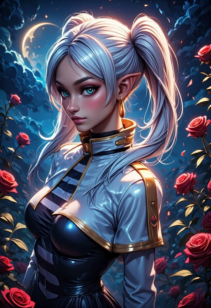 zzCitronCAT,
beautiful upper body picture of a mature nereirfpnxl, frieren, elf, pointy ears, green eyes, white hair, twintails, medium breasts,
shirt, long sleeves, jewelry, earrings, striped, white capelet, striped shirt,
closed mouth, standing, collarbone, upper body, head tilt, sweet lips, blush, beautiful deep eyes,
fairy lights,
outdoors, parted lips, moonlit night, dark sky, eerie fog, glowing moon, haunting allure, dim light, shadowy surroundings, mysterious atmosphere, dark clouds, gothic elegance, night garden, eerie flowers, soft shadows, moonlight reflecting off skin, surrounded by roses, red lips, whisper of wind