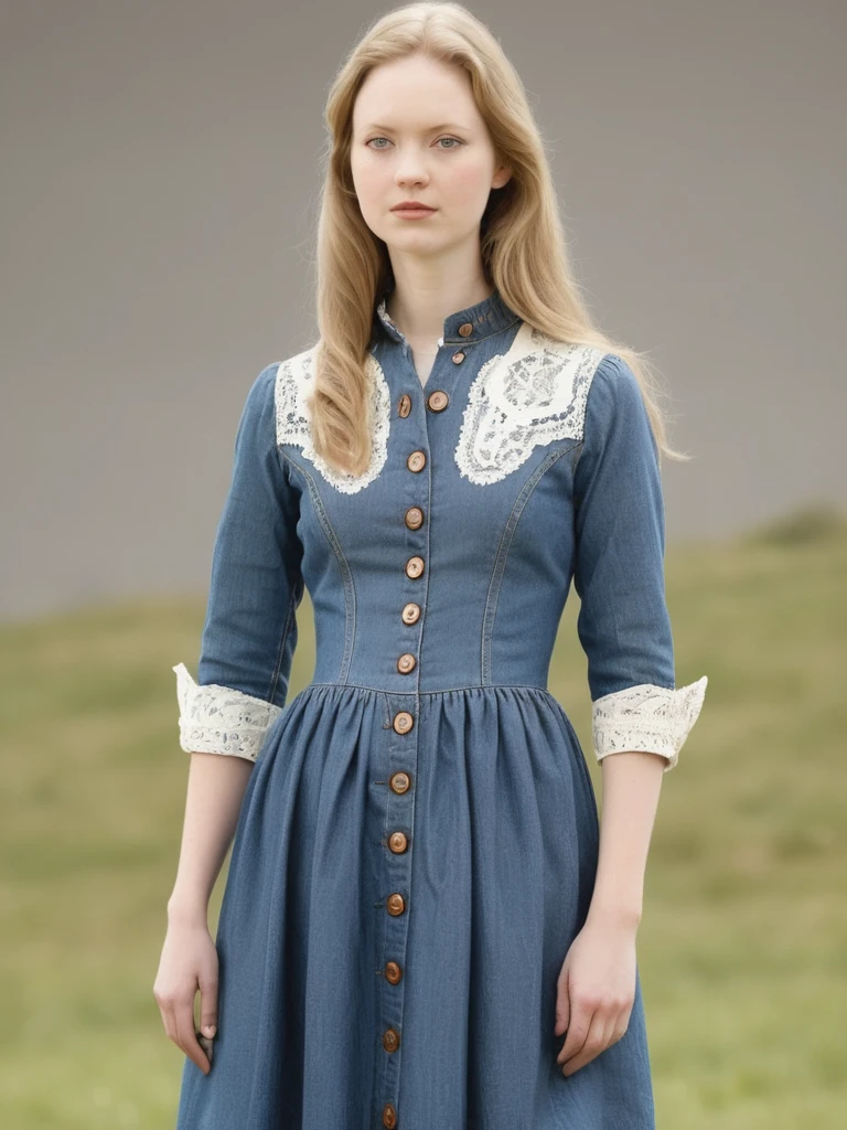 a professional absurdres sharp focus intricately detailed photograph of 
(Judi_Bowker:1.1) 
 <lora:Judi_Bowker-SDXLe10:0.8> 
 <lora:Outfit_DenimSleevelessDress:1> denim dress, long dress, buttons