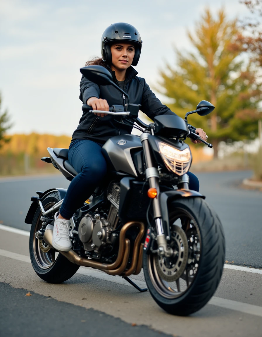 young woman riding a motorcycle <lora:Alex_Morgan_v2-000011:1>