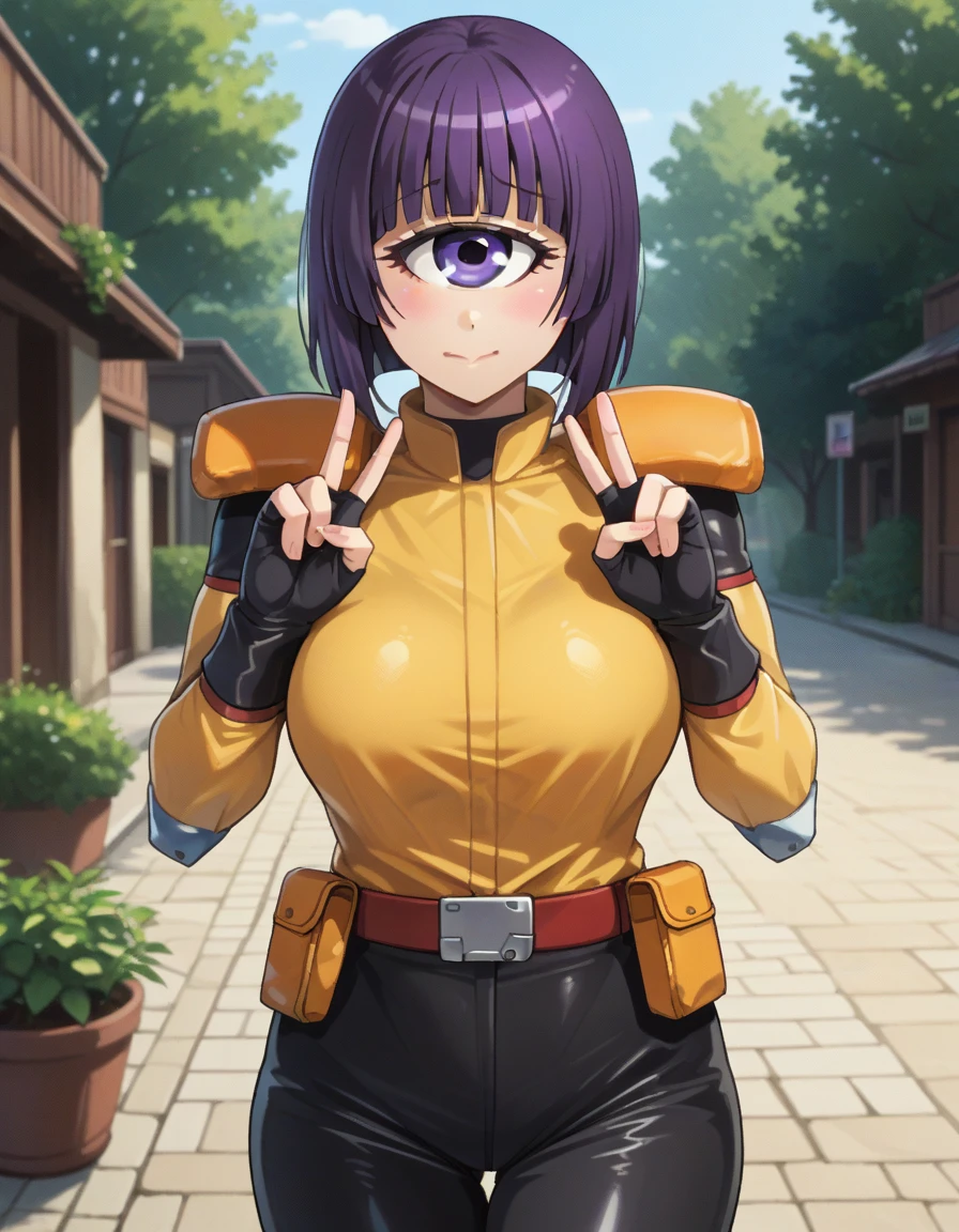 score_9, score_8_up, score_7_up,score_6_up  source_anime,  1girl,huge breasts,wide hips,thick thighs,embarrassed, outdoors,nervous smile, double peace sign
manakobaf, 1girl, cyclops, purple hair, purple eyes, fingerless gloves,  short hair,  belt, blunt bangs, looking at viewer,  shoulder pads, monster girl, black and yellow bodysuit,black pants,knee pads
  <lora:manako-koto-PonyXL 2:1>