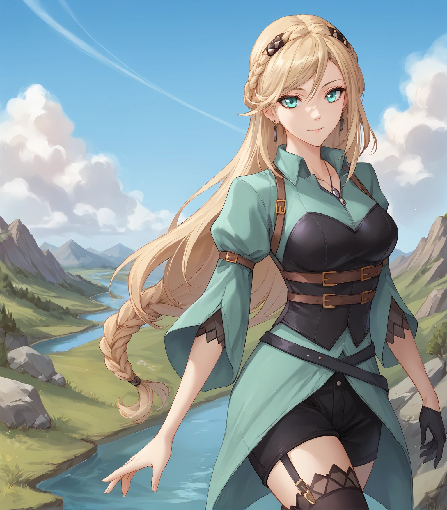 score_9, score_8_up, score_7_up,
1girl, solo,
<lora:ElaineAuclairKai:0.9> Elaine Auclair, aqua eyes, blonde hair, long hair, braid, hair ornament, medium breasts, earrings, green jacket, black corset, belt, single glove, black shorts, black thighhighs, garter straps, white high heels,
cowboy shot ,  looking at viewer, smile,
outdoors, clouds, valley, plants, rocks, river,
<lora:LDART_style_pony_v3:0.7>,, <lora:Racoonkun_Artist_Style:0.4>, racoonsan,,