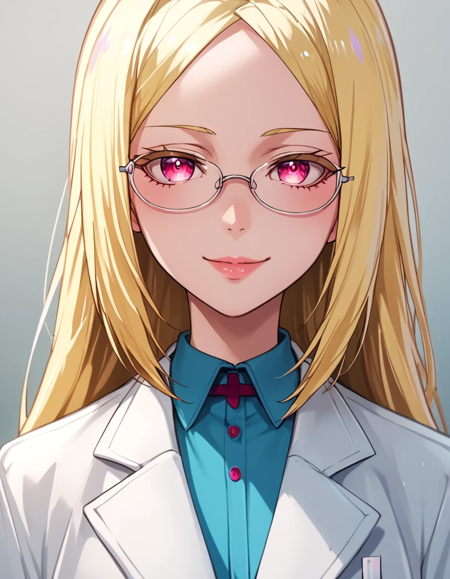 score_9, score_8_up, score_7_up, score_6_up, score_5_up, score_4_up, source_anime    <lora:GushingoverMagicalGirlsSet1:0.8>, soft smile, portrait,  NeroAlice_Full, long hair, blonde hair, glasses, pink eyes, parted bangs, lab coat,