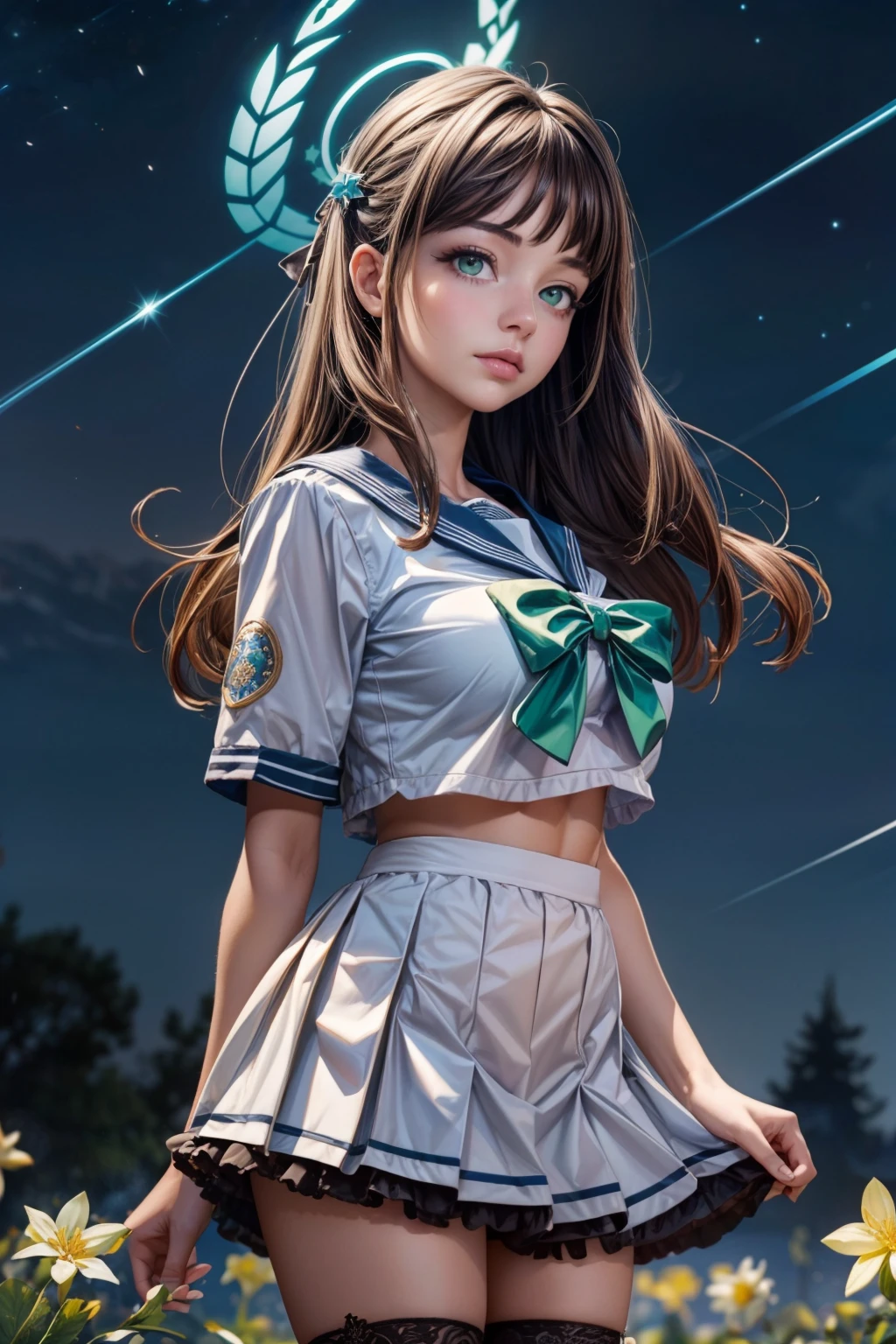 (ultra realistic,32k, masterpiece:1.2),(high detailed skin:1.1),( high quality:1.1), <lora:IllyasvielVonEinzbern_v1:0.7>, zzIllya, looking at viewer, night, outdoors, sky, BREAK,    <lora:Airi_BlueArchive_Citron:0.8>, zzAiri, green eyes, brown hair, long hair, hair ornament, halo white serafuku, blue sailor collar, green bow, white skirt, black frills, white thighhighs,   BREAK,  blooming stars, luminescent petals, otherworldly fragrance blurry background, (looking at viewer, standing:1.1), huge breast, large breast, <lora:add_detail:0.92>, (glowwave:1.1),