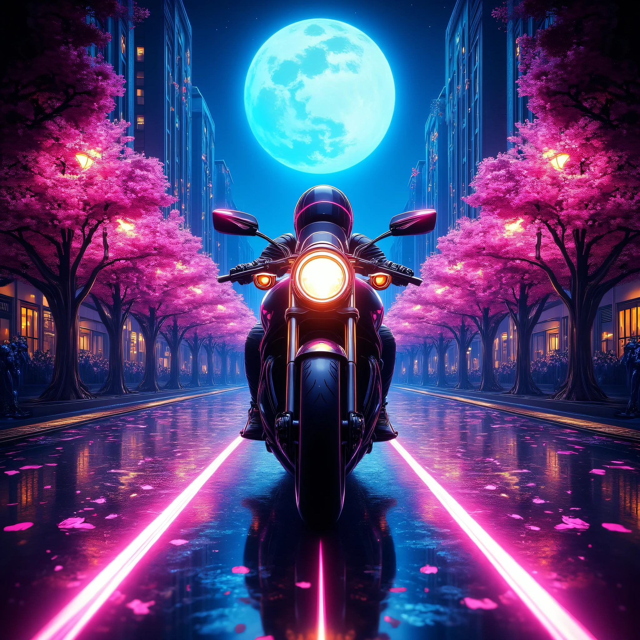 ArsFriends, A futuristic motorcycle chase under the moonlight, neon streaks of light following the bikes, city streets lined with glowing cherry blossom trees,