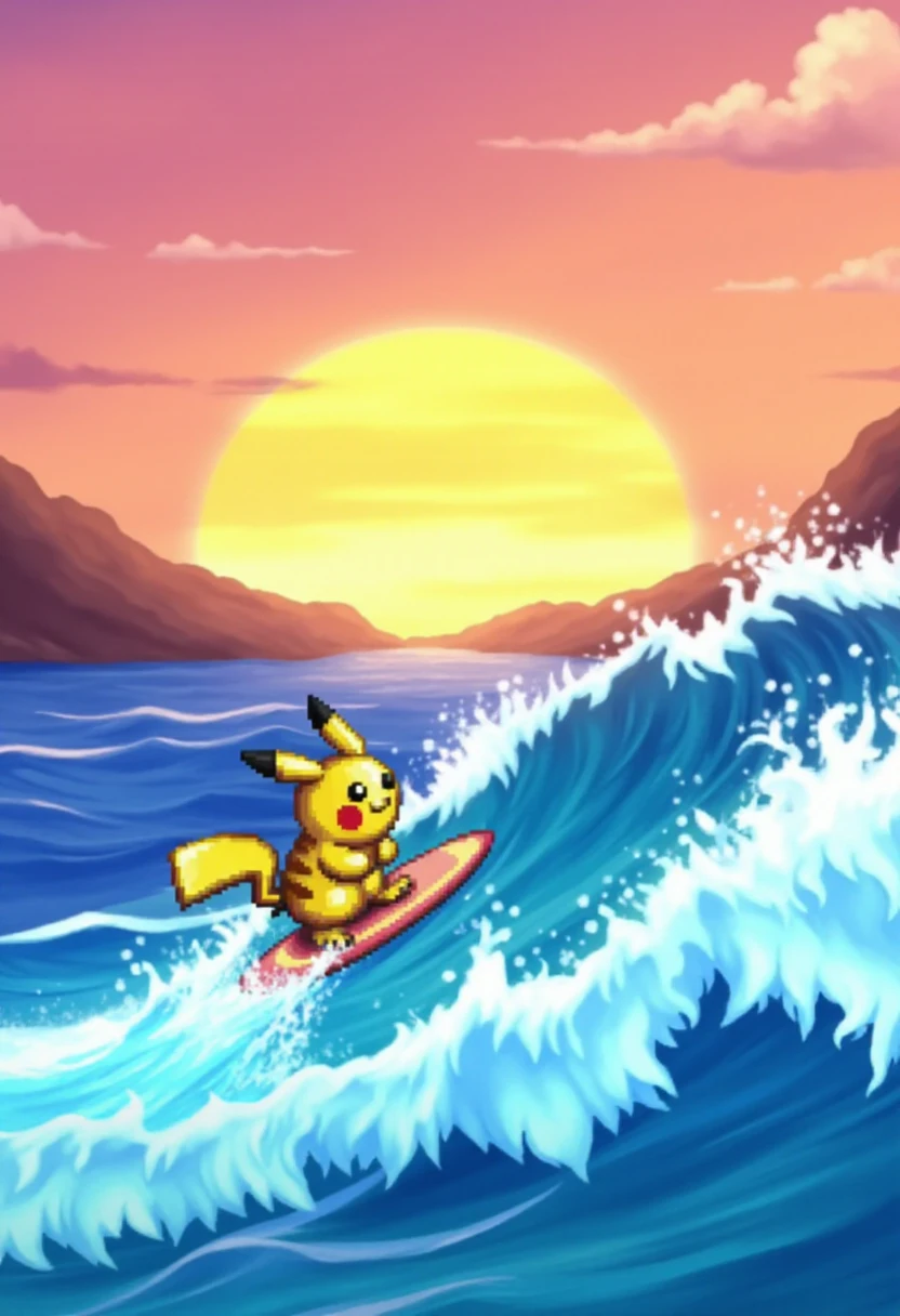 lomstyle,  pixel art, Pikachu on a surfboard riding the waves at sunset.    <lora:Legend_of_Mana_Style_FLUX:0.8>