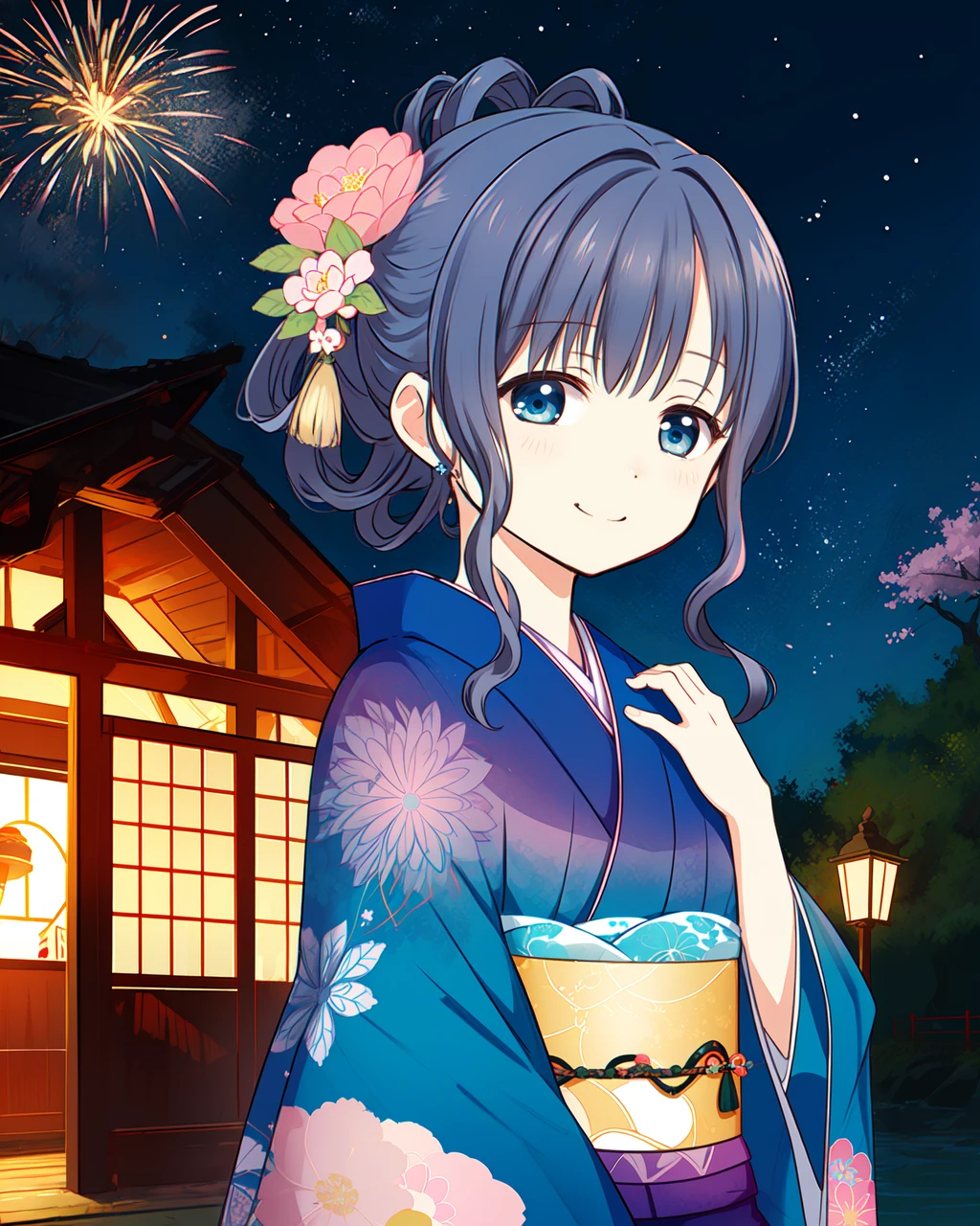 masterpiece, high quality, mgrcnanamiyachiyo, 1girl, blue hair, blue eyes, upper body, medium shot, updo, double flower hairpin, blue kimono with flower print, yellow obi, hands behind back, light smile, outdoors, shrine, night, cherry blossoms, fireworks, sky, stars, (side view:0.8), <lora:mgrcnanamiyachiyo:0.8>