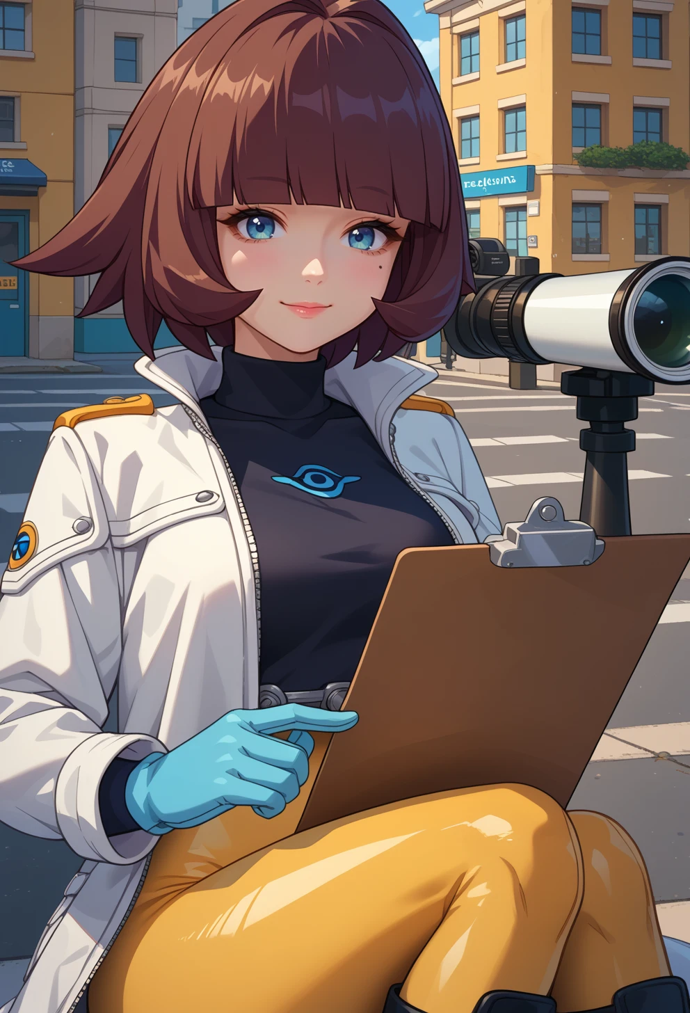 score_9, score_7_up, source_anime, BREAK  solo,  <lora:AEEliana:1> AEEliana, blue gloves, black footwear, black shirt, blue eyes, blunt bangs, bodysuit, brown hair, knee boots, long sleeves, mole under eye, short hair, turtleneck, white coat, yellow bodysuit, smile, holding clipboard, holding binoculars,