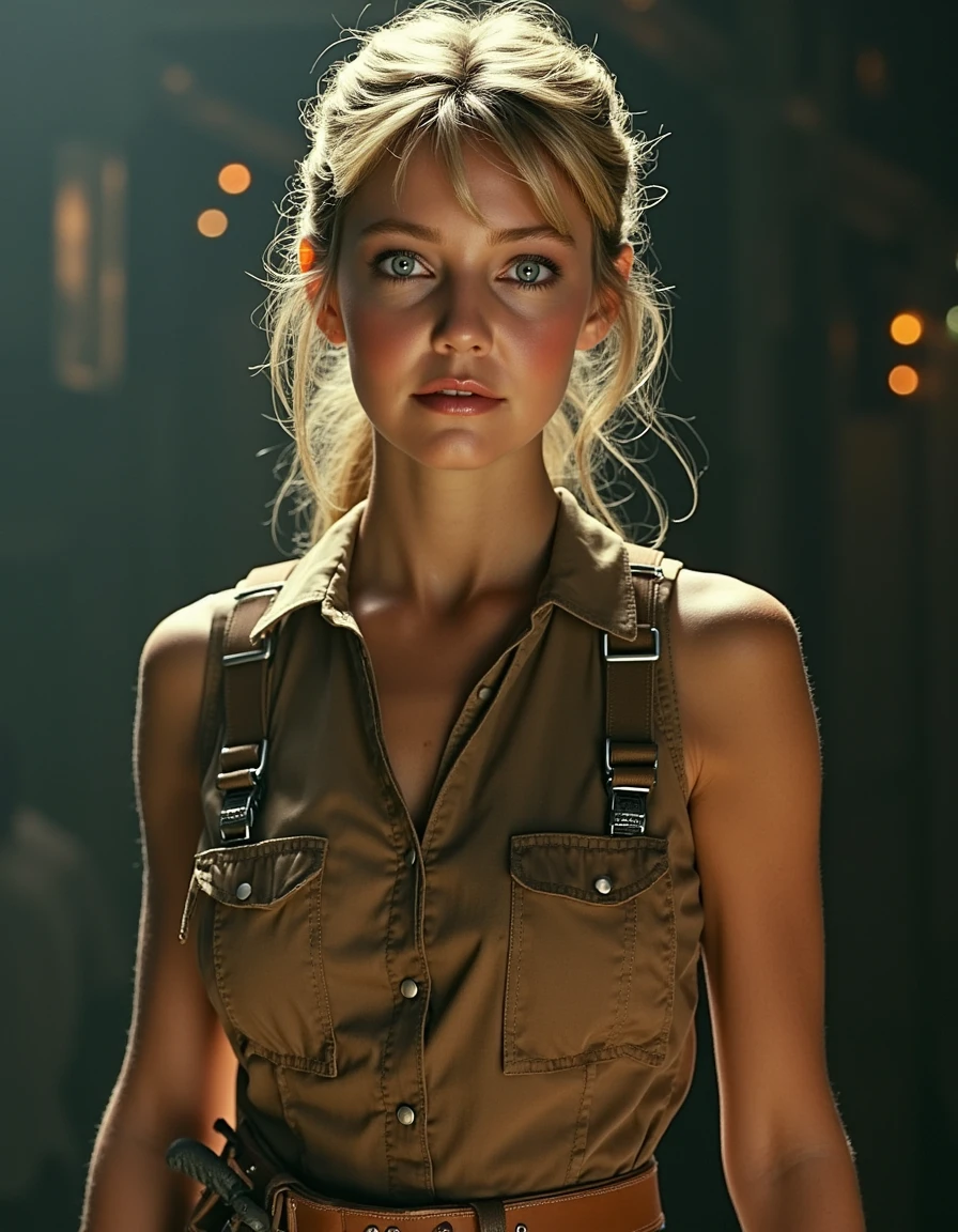 A young blonde woman stands in a dimly lit,industrial crater base,reminiscent of a Ridley Scott film. Her chignon-cut hair is tied back,revealing a determined gaze. She wears a worn,earth-toned pilot's jumpsuit,with a utility belt and a holstered tool at her hip. Soft,broad artificial lighting with a warm color temperature illuminates her,casting a gentle glow on her face. Lens flares dance across the frame,adding a sense of grit and realism. The muted color palette is elevated by the opponent process,creating a sense of depth and dimension. The image is captured in ProRes,with a subtle film grain and a warm color grading that evokes a sense of nostalgia..,<lora:Heather Locklear Flux_epoch_1:1>,