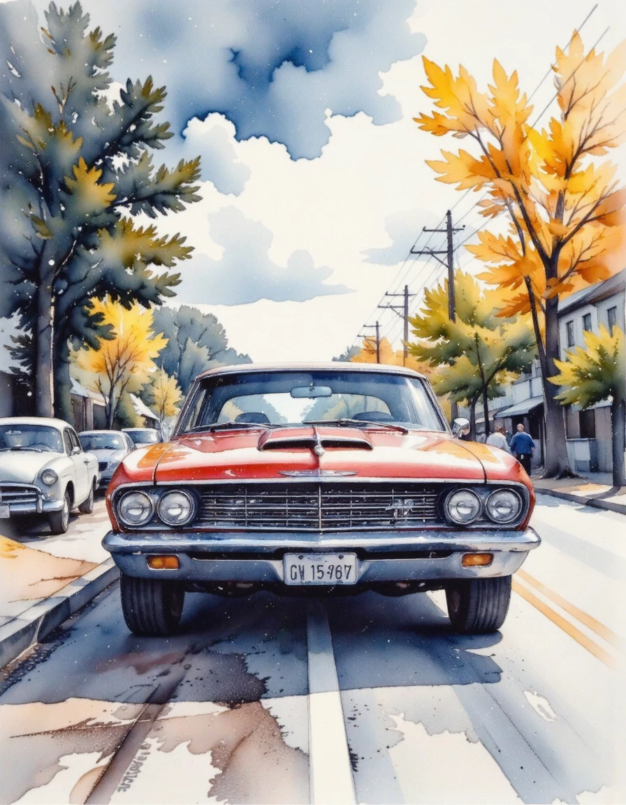 watercolor colored of a car in the street , cloudy sky,splash of colorful <lora:watercolor_epoch_4:1.3>