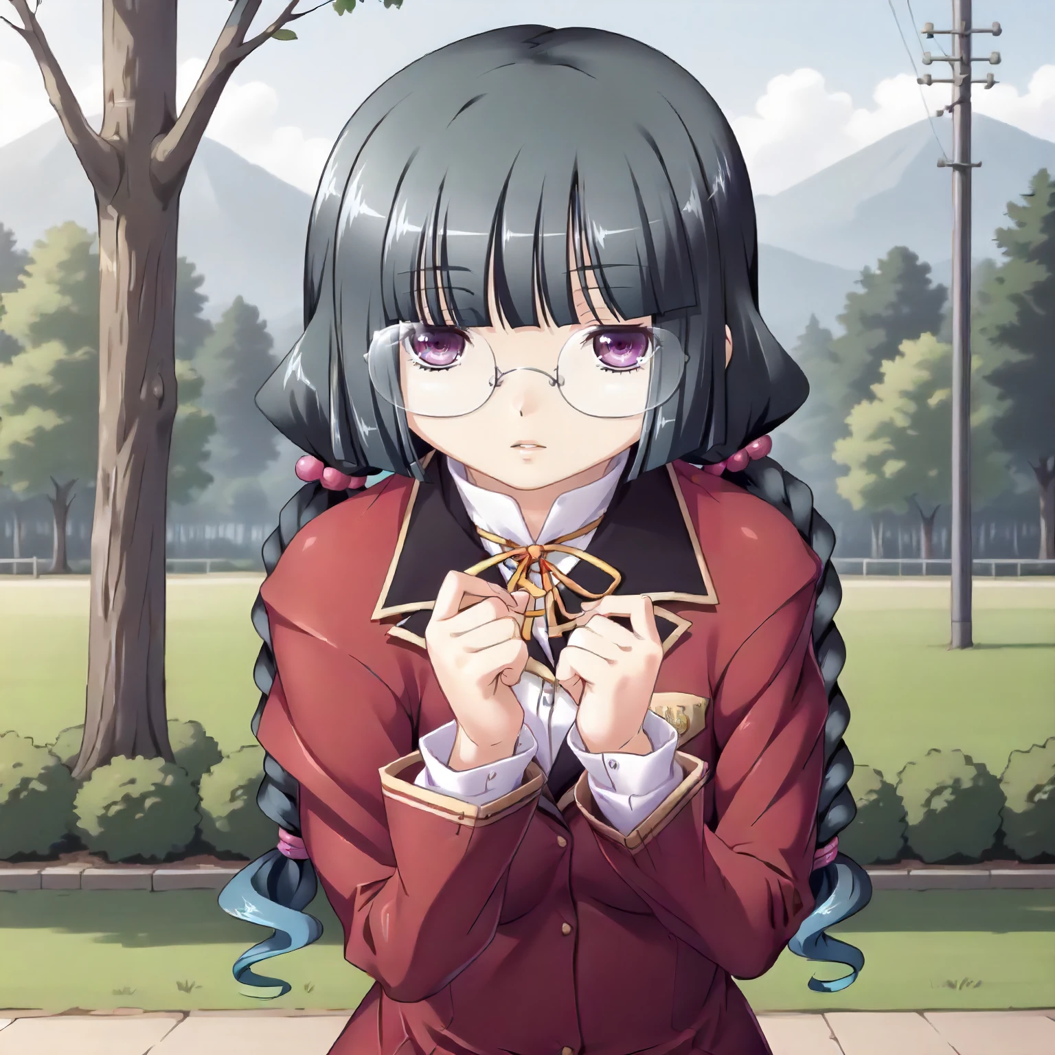 <lora:SDG_MitsukiFujigayaXLpony001>,
outdoors,nature,
parted lips,
solo,
MitsukiFujigaya,1girl,black hair,twin braids,hair bobbles,purple eyes,eyewear,
school_uniform,red jacket,
upper body,