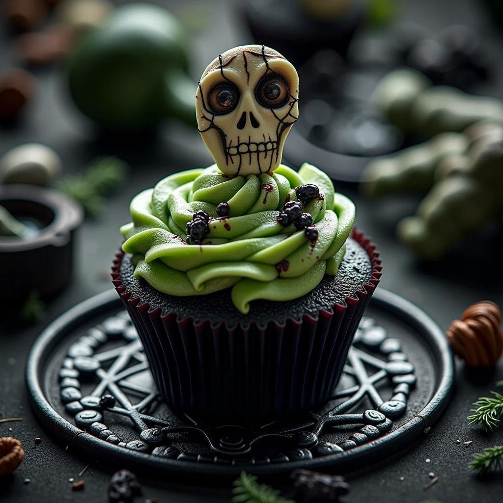 long shot scenic professional photograph of zombie cupcake resting on a black altar with inverted pentagram, conjuring circle <lora:hallowen-spooky-cupcakes:1>, Photorealistic, Hyperrealistic, Hyperdetailed, analog style, soft lighting, subsurface scattering, realistic, heavy shadow, masterpiece, best quality, ultra realistic, 8k, golden ratio, Intricate, High Detail, film photography, soft focus, perfect viewpoint, highly detailed, wide-angle lens, hyper realistic, with dramatic sky, polarizing filter, natural lighting, vivid colors, everything in sharp focus, HDR, UHD, 64K