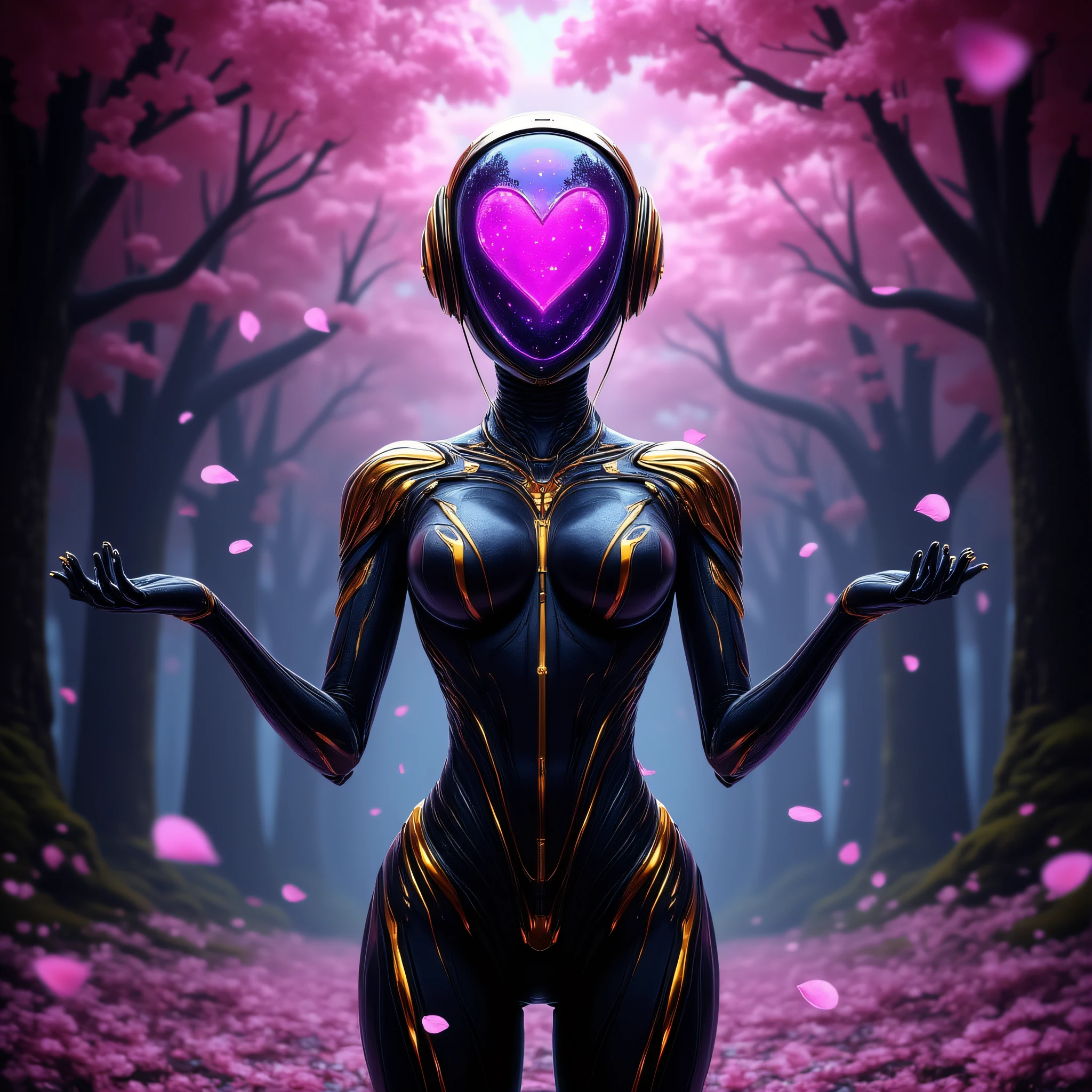 ArsFriends, The image is a digital illustration of a futuristic robot standing in a forest-like environment with pink flowers and trees in the background. The robot is wearing a black and gold suit with a large helmet that has a heart-shaped design on it. The helmet is glowing purple and has a pink and blue light emanating from it giving it a mystical and mystical appearance. The suit is made up of multiple layers of armor with gold accents on the shoulders arms and legs. The background is dark and eerie with a hint of purple and pink lights. The overall mood of the image is mysterious and futuristic., solo, armor, petals, cherry blossoms, robot, glowing, standing, open hands, helmet, 1girl