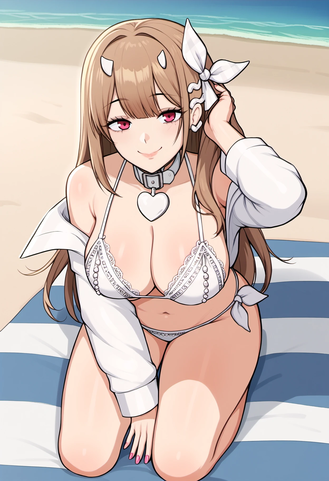 score_9, score_7_up, BREAK 1girl, solo, <lora:viper-nikke-richy-v1_pdxl:1> vprsum, pink eyes, brown hair, long hair, bangs, white horns, hair ornament, hair bow, white bow, large breasts, white collar, white heart pendant, white shirt, off shoulder, white bikini, white bra, lace bikini, pearl bikini, cleavage, pink nail polish, kneeling, hand in own hair, looking at viewer, smile, beach towel, beach, ocean, sunset, <lora:Afrobull-DoRA-V1:1>