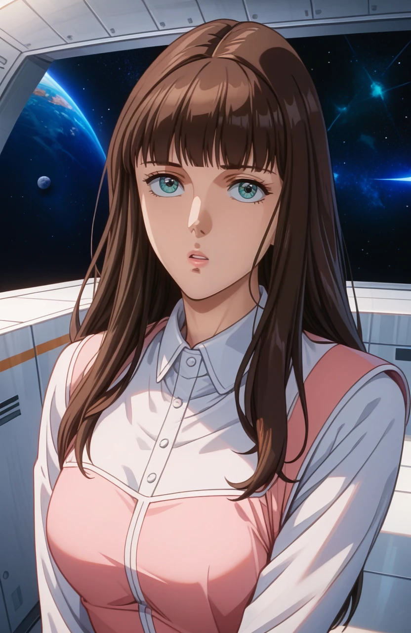 advancertinajoanne,best quality, masterpiece, uncensored, 1girl,solo,retro artstyle,1990s \(style\), 
,long hair,blunt bangs,brown hair,black hair,uniform,white shirt,collared shirt,pink uniform,spacesuit, lips, parted lips,indoors,space,  0.3 ::   ,0.3 :: open mouth  ,0.4 ::  ,0.2 :: full body  ,0.6 ::  ,0.6 :: ,,0.3 :: pov  ,0.7 ::  ,looking at viewer  ,  <lora:AdvancerTinaJoanna4thtail:1>