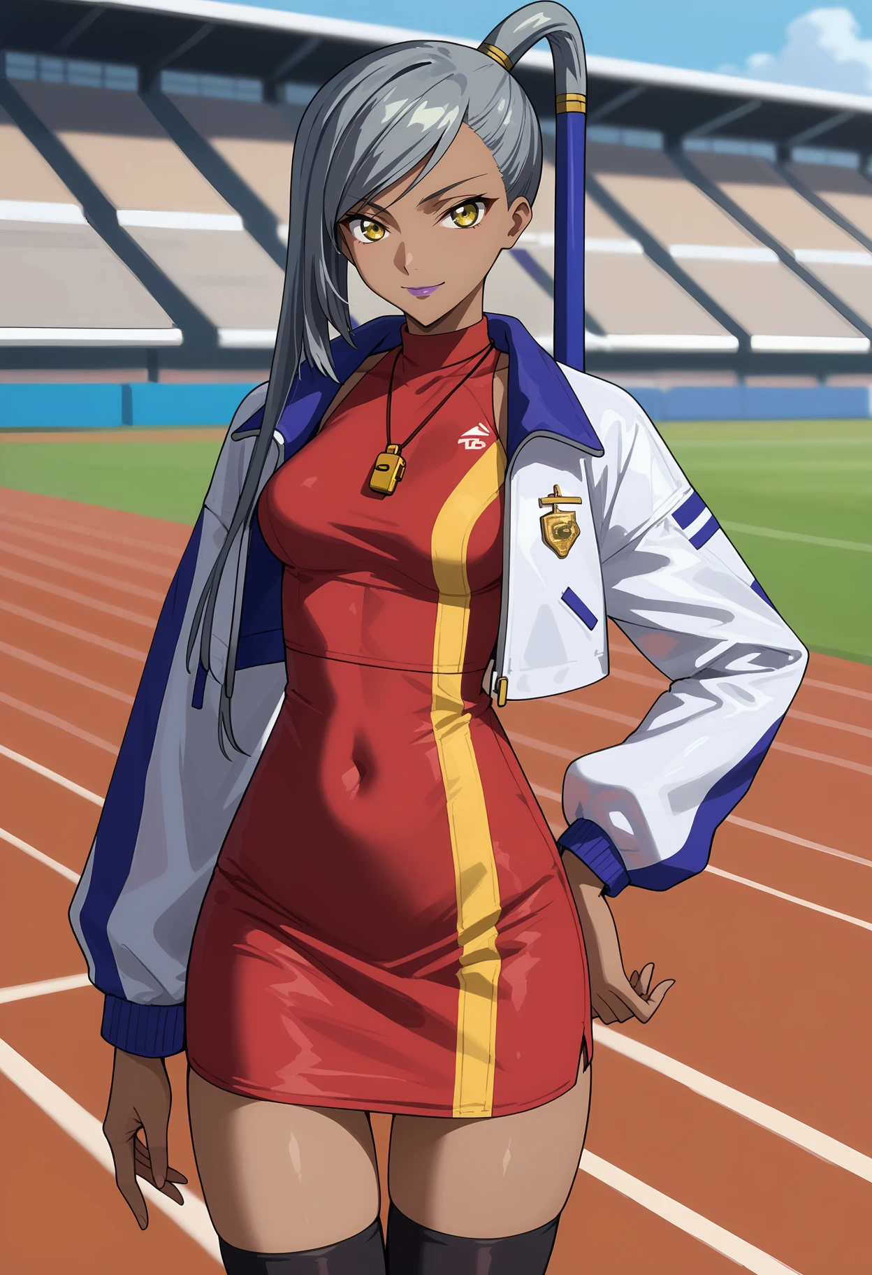 score_9, score_8_up,
<lora:CodeGeass_VillettaNuXL:0.9>,
1girl, closed mouth, light smile,
dark skin, dark-skinned female, long hair, grey hair, side ponytail, swept bangs, yellow eyes, purple lips,
cropped jacket, white jacket, red dress, whistle, short dress, black thighhighs,
hand on own hip, thighs, thigh gap, standing, looking at viewer,
blurry background, solo focus, track and field