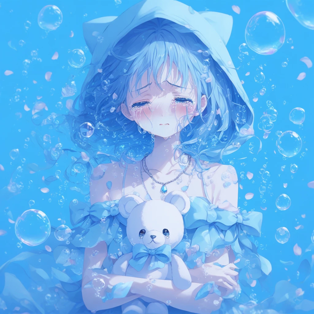 necklace, petals, blue background, tears, bubble, holding, bare shoulders, hood, stuffed animal, bow