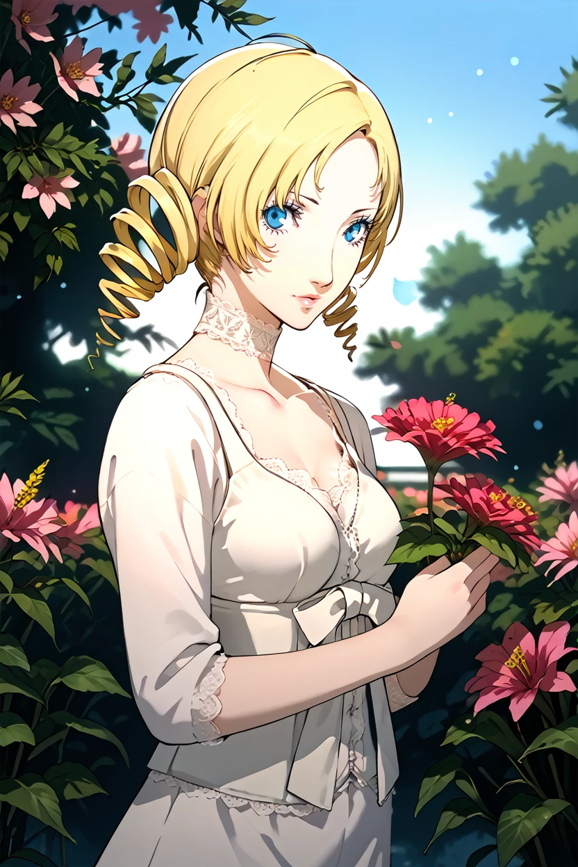 score_9, score_8_up, score_7_up,
<lora:CCatherine:0.8>
CCatherine, 1girl, blonde hair, drill hair, blue eyes, looking at viewer, standing in a sunlit garden, surrounded by blooming flowers, soft focus background with bokeh, gentle breeze rustling through leaves, romantic and dreamy ambiance