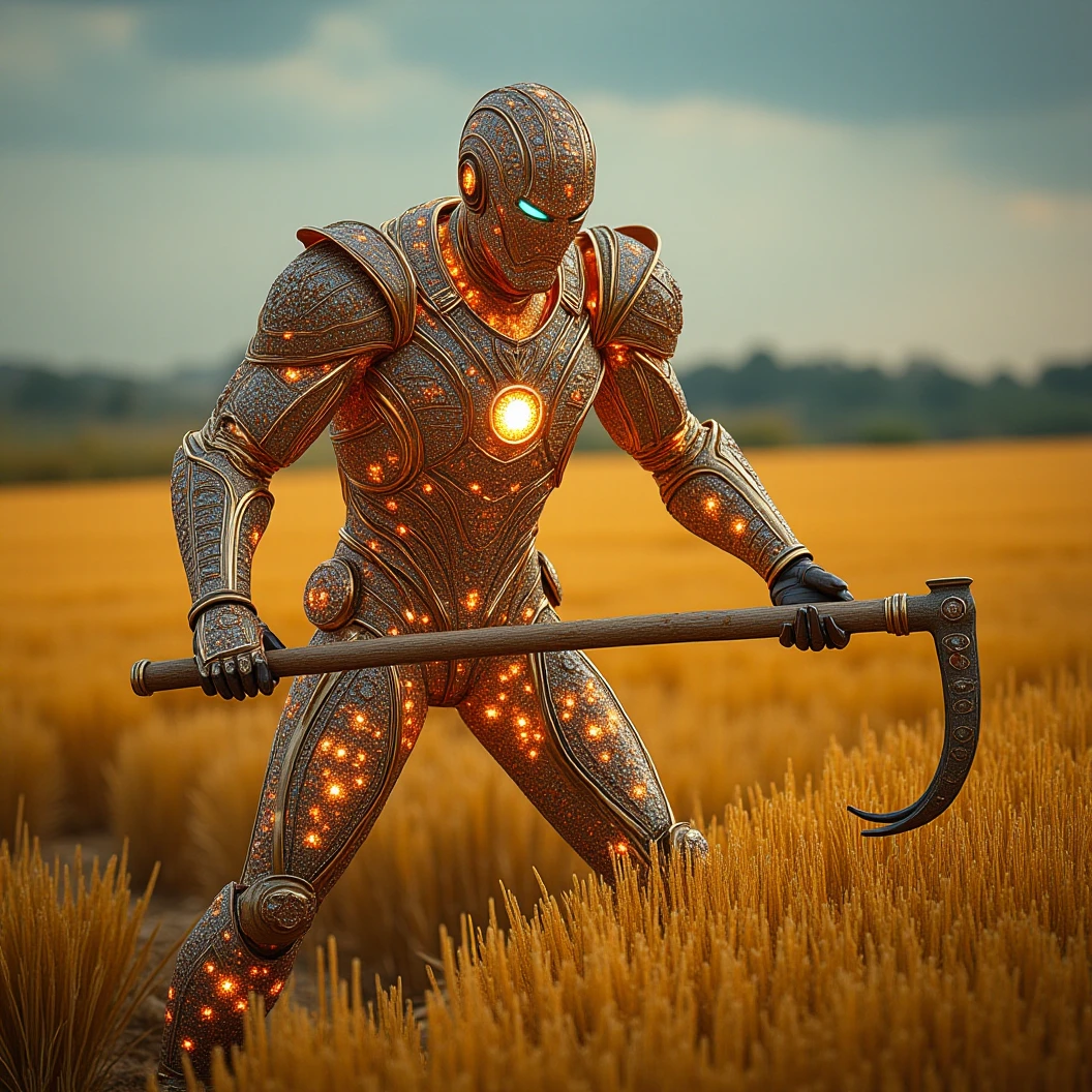 mechartdeco,the iron_man of marvel working on rice field with hoe,the armor is composed of diamonds and gold