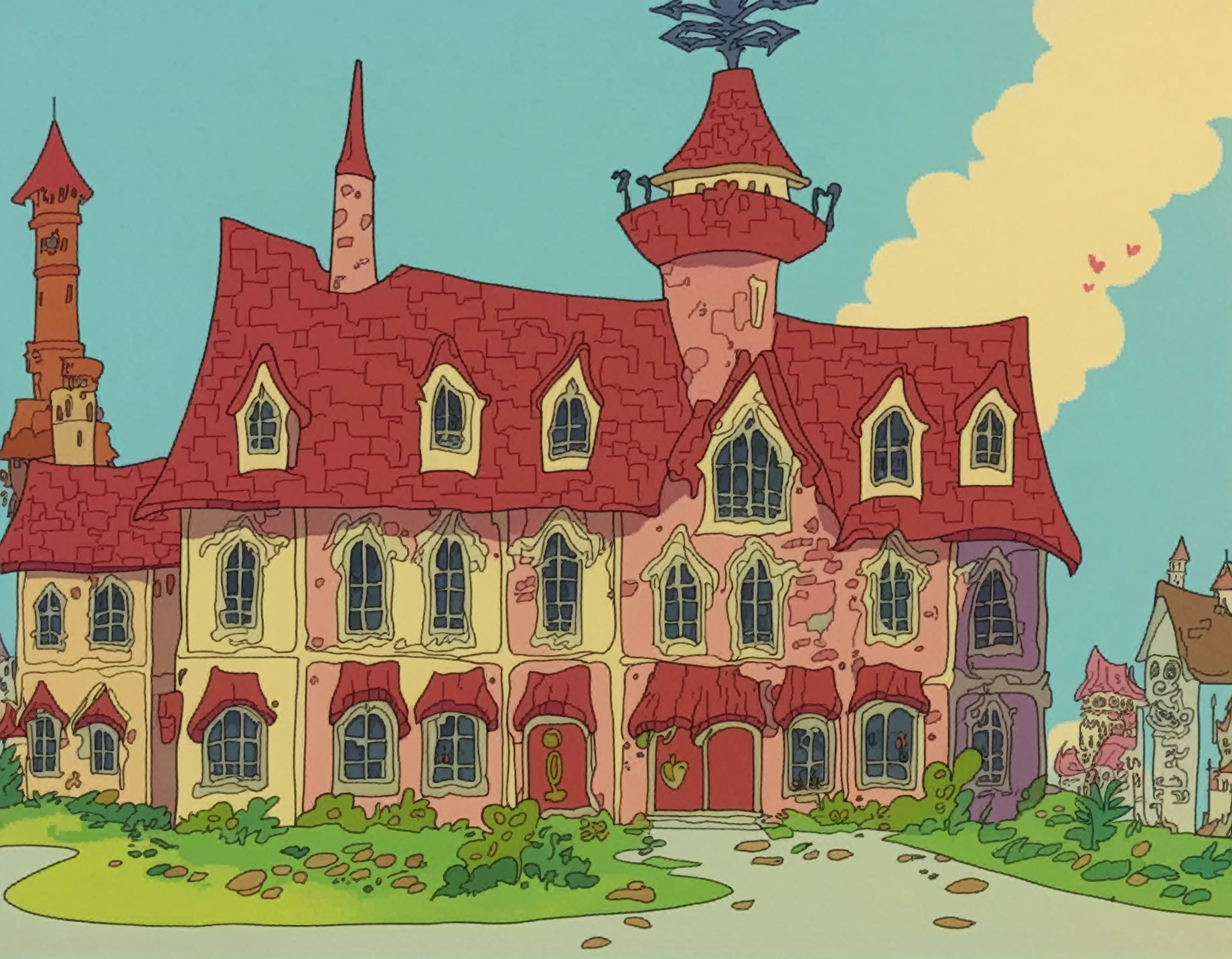 <lora:ohnnyCorncob_pony_v2:1> a frame from "johnny corncob \(1973\)", a cartoon image of  steel tower house, adamantium battlements, wraith, vampire, A bustling medieval market square in the heart of a vibrant city, where vendors sell wares from all over the realm and the scent of exotic spices fills the air , sky, score_9, score_6_up, score_7_up