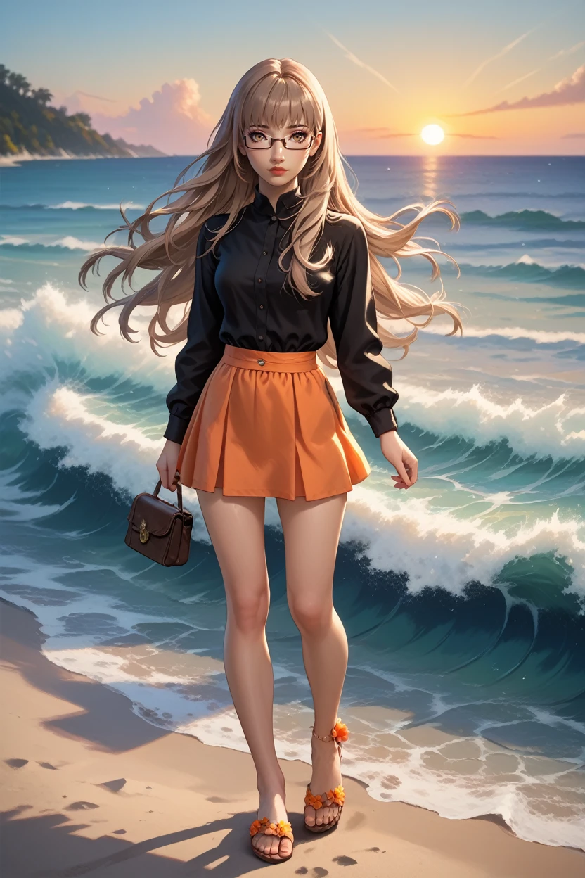 score_9, score_8_up, score_7_up, score_6_up
<lora:CKatherine:0.8>
CKatherine, 1girl, long hair, brown hair, brown eyes, glasses, looking at viewer, walking barefoot on a sandy beach, holding sandals in one hand, waves gently lapping at the shore, vibrant sunset with pink and orange hues, relaxed and contemplative atmosphere