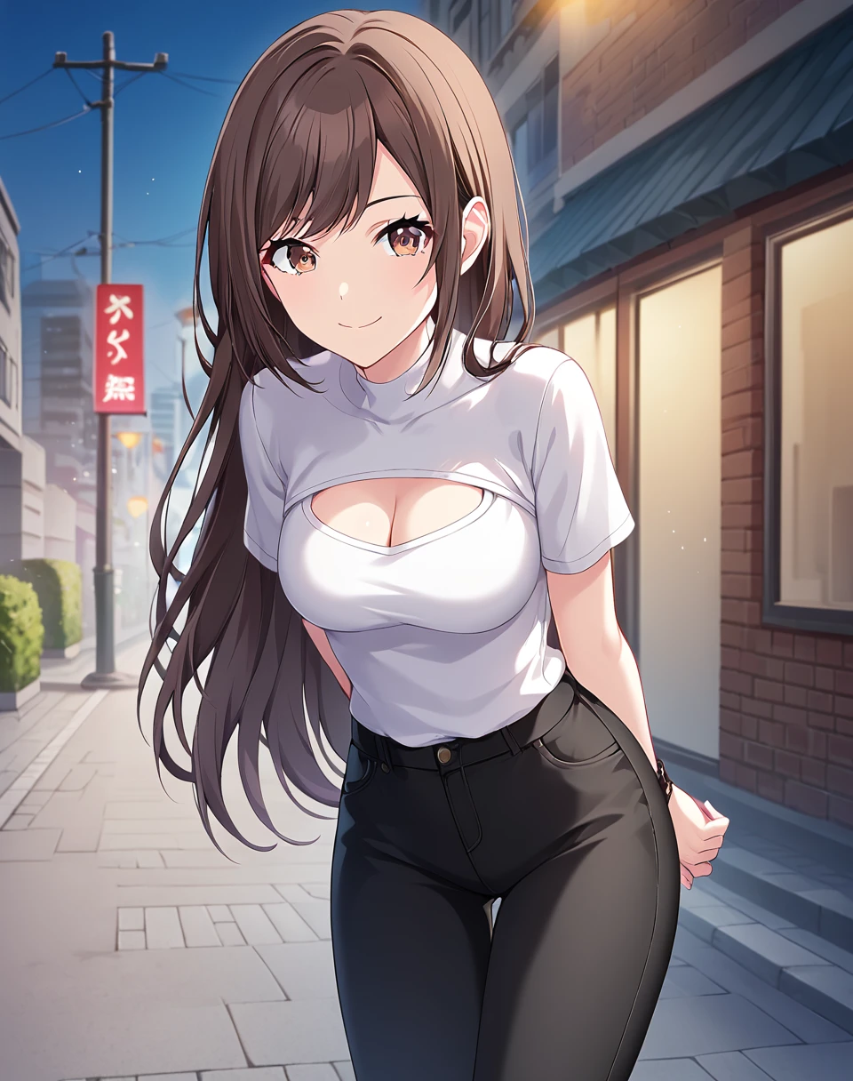 shinonome_ena, brown hair, brown eyes, long hair,  white sweatshirt, cleavage cutout, short sleeves, black pants,  official art, medium breasts   BREAK outdoors,  city street, night BREAK looking at viewer, sexy face, sexy smile, closed mouth, cowboy shot, slightly leaning forward, arms behind back, BREAK score_9, score_8_up, score_7_up, source_anime ,zPDXL, <lora:Shinonome_Ena:0.8>,