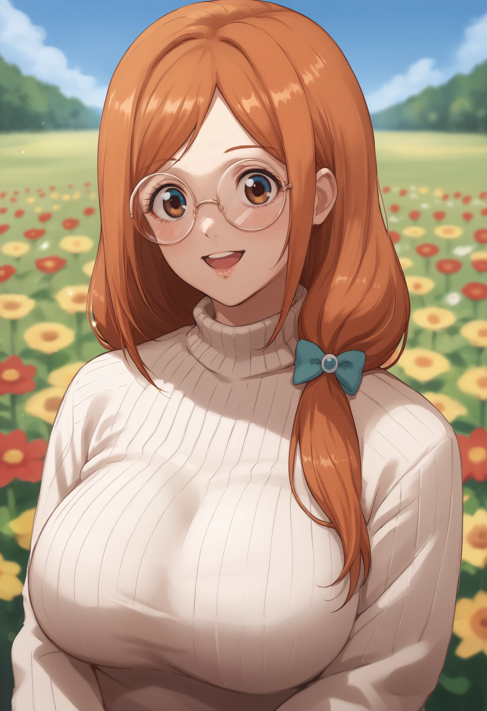 score_9, score_7_up, <lora:zeroqrisu-guy-PONY-DORAv1:1>, 1girl, solo, inoue orihime, sweater, large breasts, round eyewear, portrait, happy, depth of field, flower field