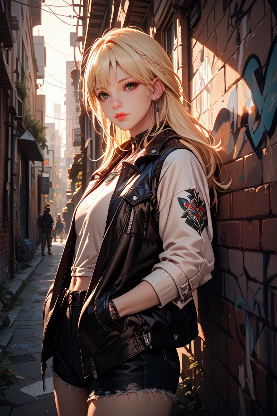 score_9, score_8_up, score_7_up, score_6_up
<lora:LANineveh:1.0>
LANineveh, 1girl, blonde hair, long hair, looking at viewer, leaning against a brick wall, hands in jacket pockets, urban alleyway with graffiti art, moody lighting with shadows, edgy and modern vibe