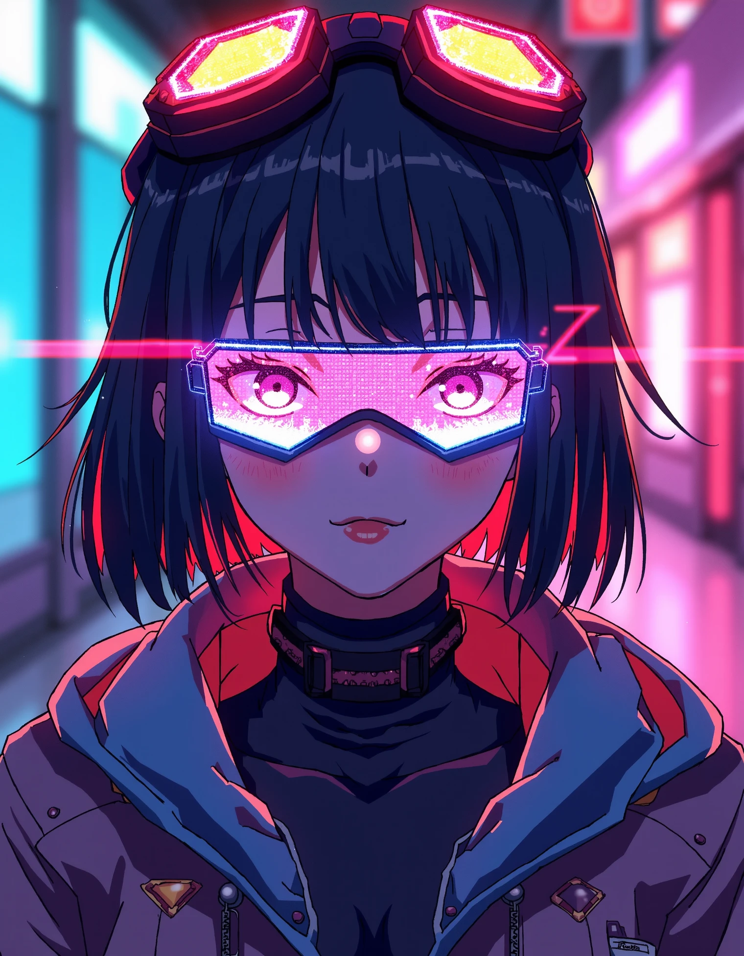 zavy-dgrnnrs, Colorful anime drawing of a cyberpunk character with glowing, futuristic goggles, their eyes obscured by bright holographic data streams reflected on the lenses