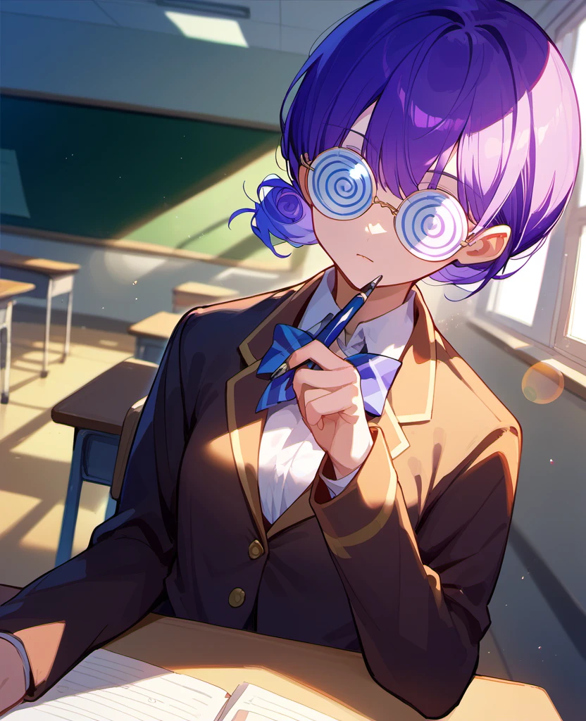 score_9, score_8_up, score_7_up, source anime, lens flare, 1girl, school uniform, open jacket, sitting, classroom, holding pen, spiral glasses, purple hair, <lora:coke-bottle_glasses-xl-pony-v1:1>,