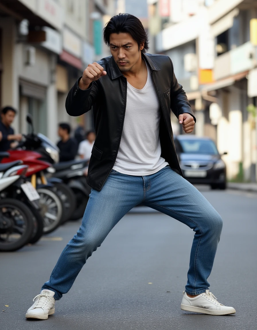 <lora:Shun Akiyama_epoch_11:0.8> Full body photo of Shun Akiyama wearing a black leather jacket with white t-shirt underneath, blue jeans and white sneakers. He has a serious expression while making a fighting stance. The background implies a Singapore street at daytime.