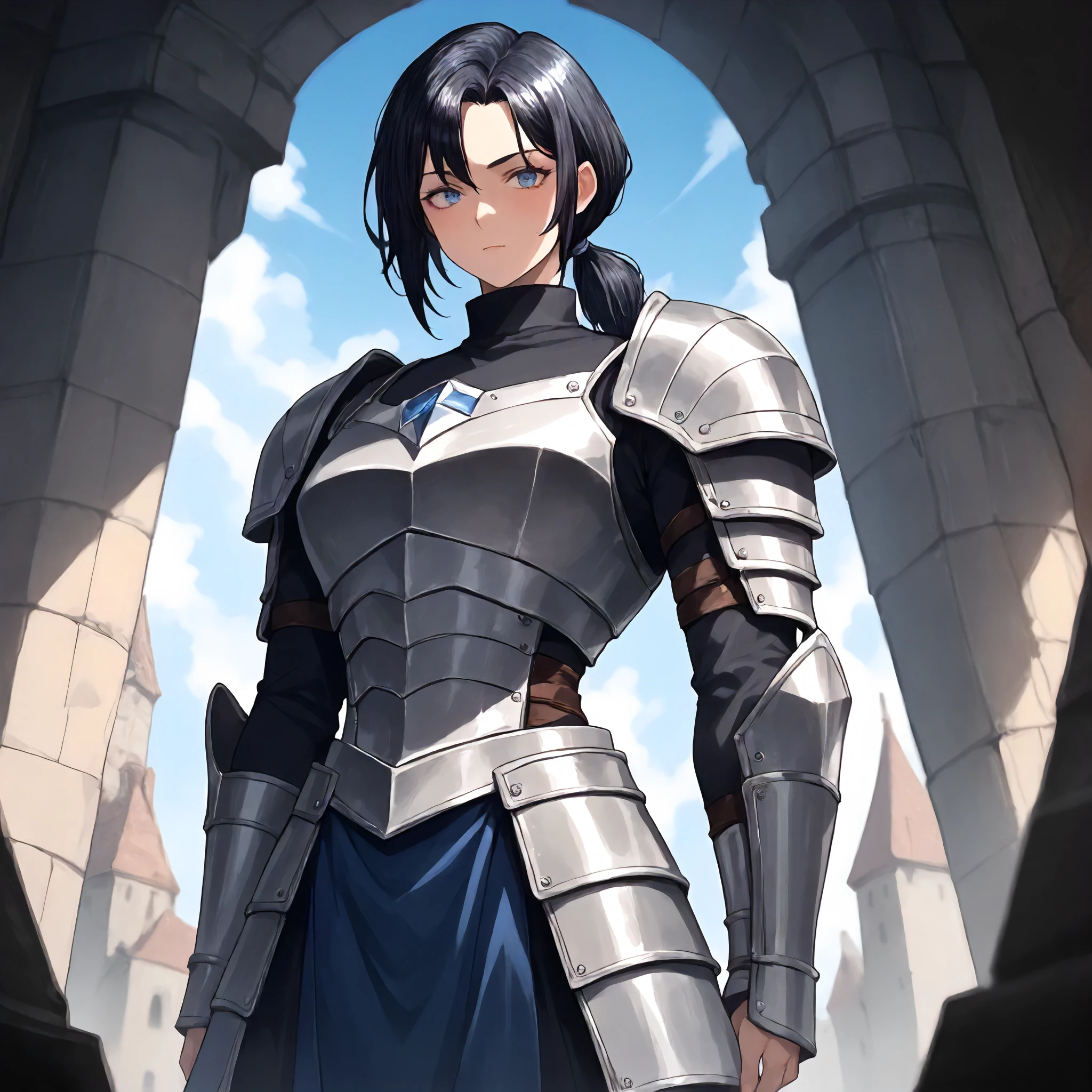 <lora:Art Style Limbus ID Art:1> l1mbu51d,  <lora:MarianPony_v1:0.8> marian, 1girl, black hair, low ponytail, sidelock, short hair, gray-blue eyes, athletic build, strong. dark blue turtleneck, armored chest, armored shoulders, bracers, armored waist, boots., score_9, score_8_up, score_7_up, score_6_up, score_5_up, score_4_up, masterpiece, detailxl. BREAK