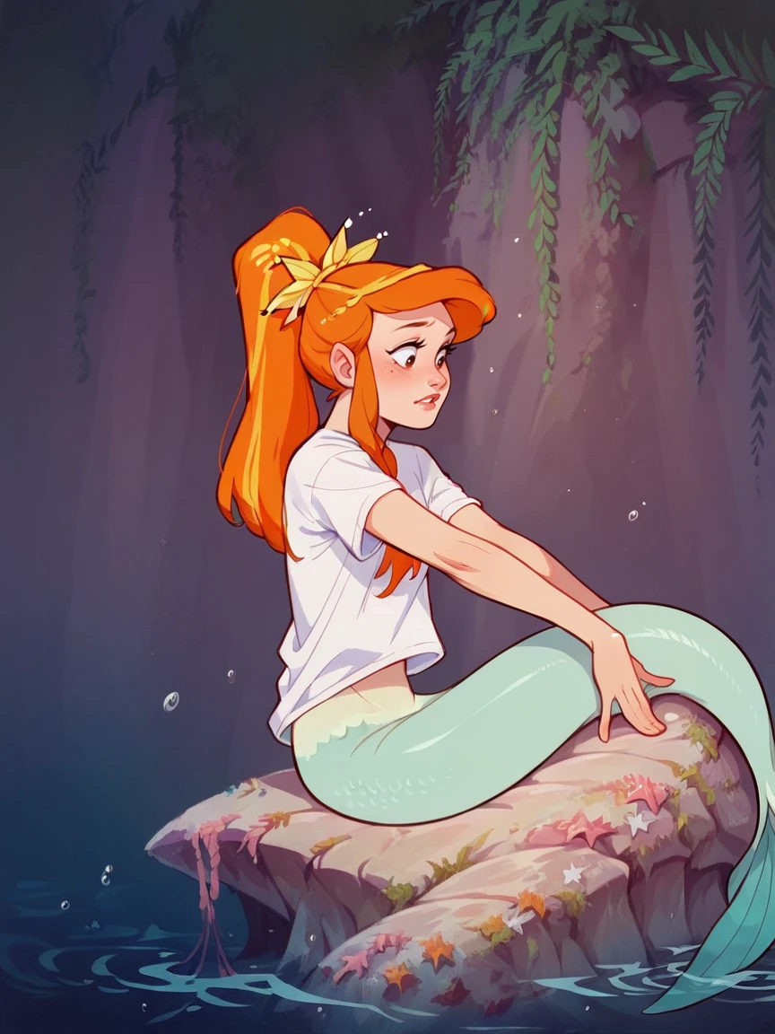 score_9, score_8_up, score_7_up, score_6_up, score_5_up,  <lora:ppm3r41dsXLP:1> ppm3r41ds, mermaid, 1girl, solo, orange hair, long hair, ponytail, t-shirt,