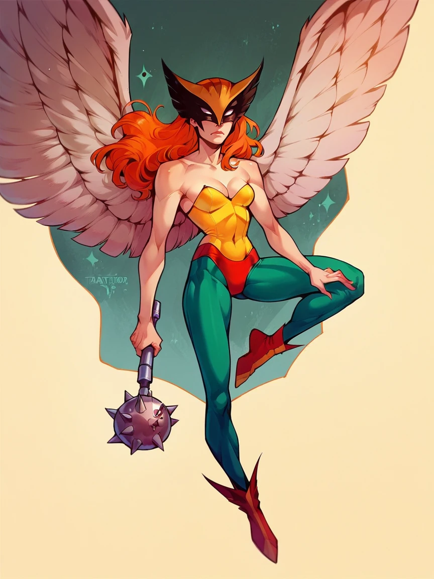 score_9, score_8_up, score_7_up, score_6_up, score_5_up,  <lora:HawkgirlXLP:1> hawkgirl, 1girl, solo, wings, long hair, mask, orange hair, full body, leotard,