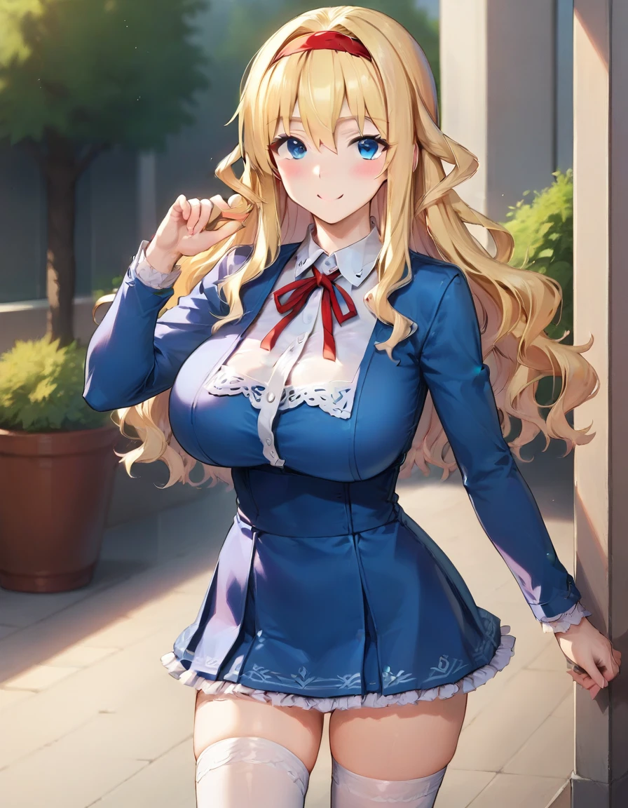 score_9,score_8_up,score_7_up,score_6_up BREAK official art,solo,outdoors,cowboy shot,looking at viewer,facing viewer,smile,blush,Yukina,blonde hair,long hair,wavy hair,hair intakes,red hairband,sidelocks,hair between eyes,bangs,blue eyes,school uniform,neck ribbon,red ribbon,pinafore dress,short dress,blue dress,white shirt,collared shirt,long sleeves,lace-trimmed dress,huge breasts,taut clothes,zettai ryouiki,white thighhighs,loafers,<lora:Yukina(kjk)-Pony:1.4>,<lora:Smooth Anime Style LoRA XL:0.8>,