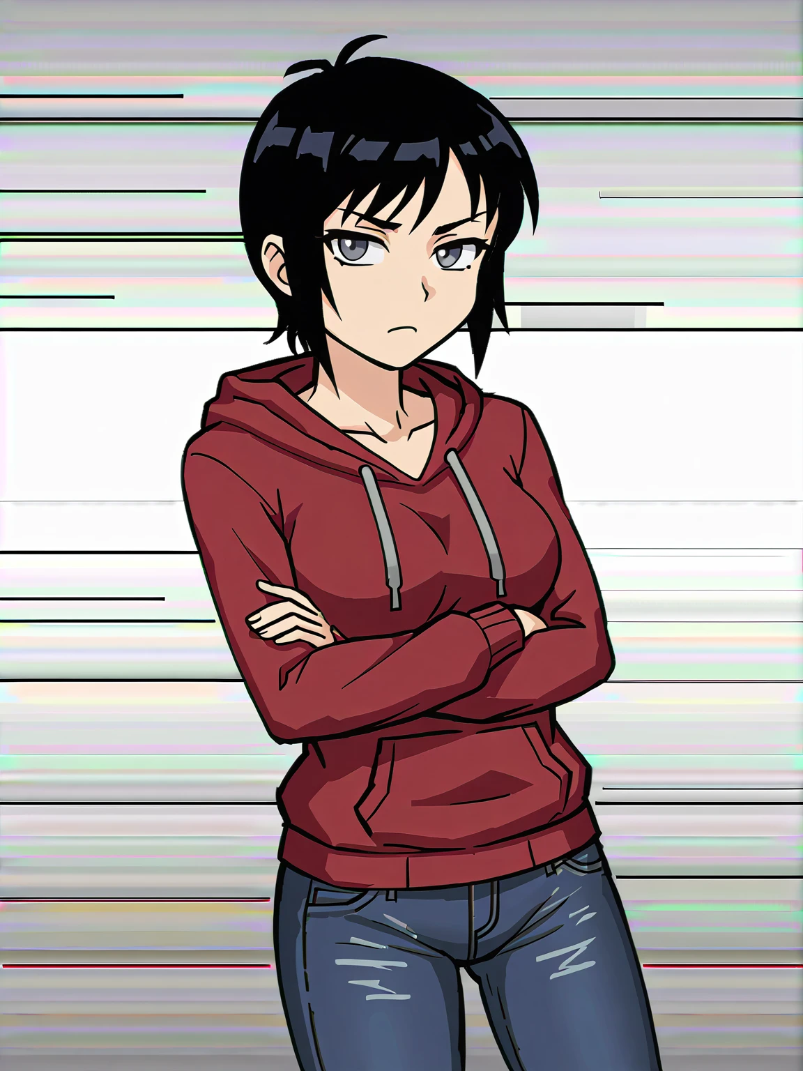 (3wtrix), grey eyes, short black hair, unimpressed
<lora:3wtrix:0.9>, looking at viewer
1girl, hoodie, jeans