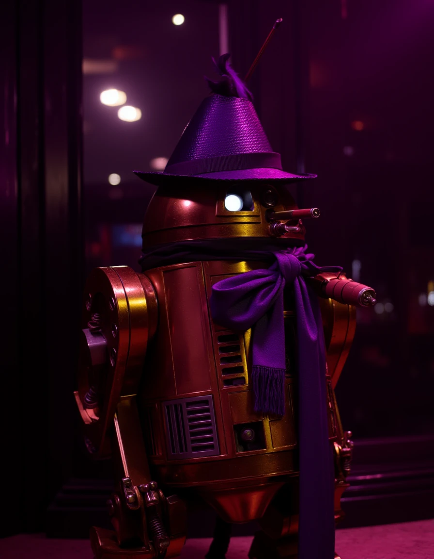 a Photo of a golden,shiny r2d2 star wars droid,dressed as a pimp,purple scarf,fedora hat with a purple feather,smoking a cigar,at the nightclub,<lora:r2d2:1>, <lora:star wars style v1:1> star wars style