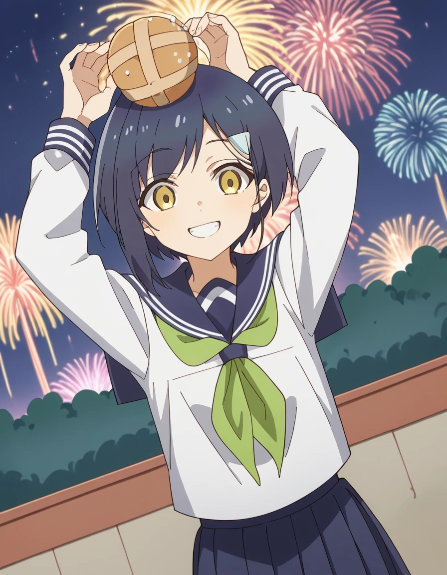 score_9, score_8_up, score_7_up, source_anime, <lora:chiharu-tsubameya-s1-ponyxl-lora-nochekaiser:1>, chiharu tsubameya, short hair, hair ornament, blue hair, yellow eyes, hairclip,, shirt, long sleeves, school uniform, serafuku, sailor collar, neckerchief, blue sailor collar, skirt, pleated skirt, blue skirt, green neckerchief,, festival, fireworks, summer night, food stall, traditional, arms up,, smile, , undefined, solo,, cowboy shot, dutch angle