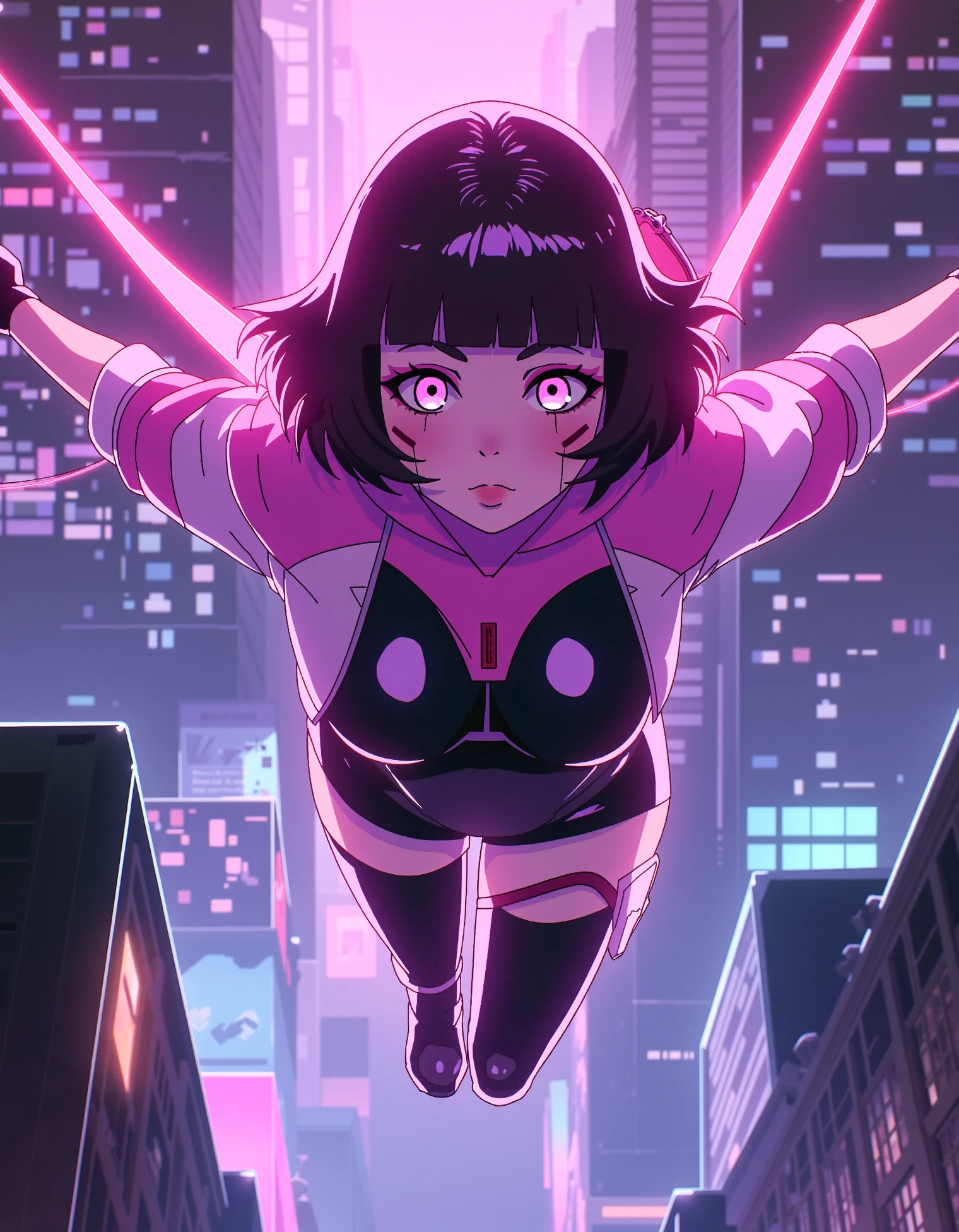 zavy-sasha, a young woman in a black bodysuit and pink with white shrugs in the style of Cyberpunk Anime, soaring through a futuristic city with mechanical wings extended from her back leaving a trail of energy, Neo-Noir Animation, The heavy contrast between dark shadows and neon lights creates a gritty, mysterious atmosphere, often seen in neo-noir or dark sci-fi visual styles, evokes a modern, stylized noir look