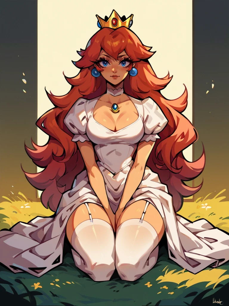 Score_9, score_8_up, score_7_up, score_6_up, score_5_up,
1girl, blue eyes, thighs, thigh highs, stockings, yellow theme, bioluminescent, <lora:NES_Peach:0.7> nes_peach, white dress, crown, kneeling, red hair, wavy hair