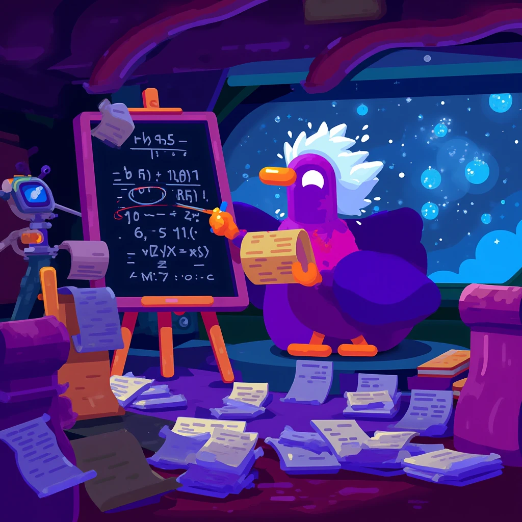 Kurzgesagt style vector graphics illustration of a purple antropomorphic einstein bird inside a space-ship in interstellar space wearing glasses and with frizzy white hair writing equations on a black board in a messy room full of papers and scrolls and instruments strewn about. Beside the bird is a window looking out into space.,  <lora:Kurzgesagt_style_vector_graphics_FLUX_v1_r1-000031:1.0>